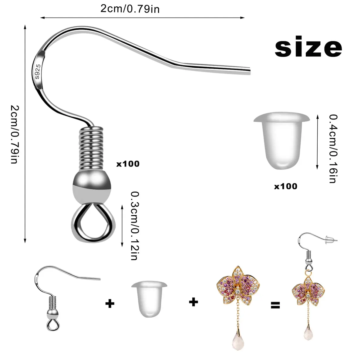 GooDay 925 Sterling Silver Earring Hooks 20mm (0.78 inch) | 100 Pcs Fish Hook Ear Wires with 100 Pcs Rubber Backs - view 4