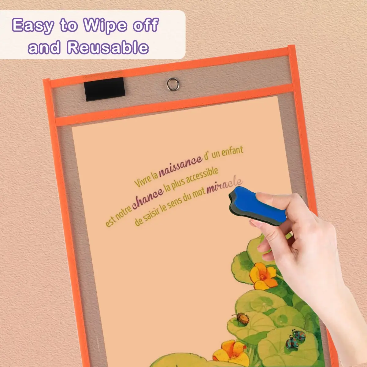 Ufamrine 6 Pcs Dry Erase Pockets Sleeves Colorful, Job Ticket Holders 25cm x 33cm | Reusable Plastic Sleeves for Classroom - view 5