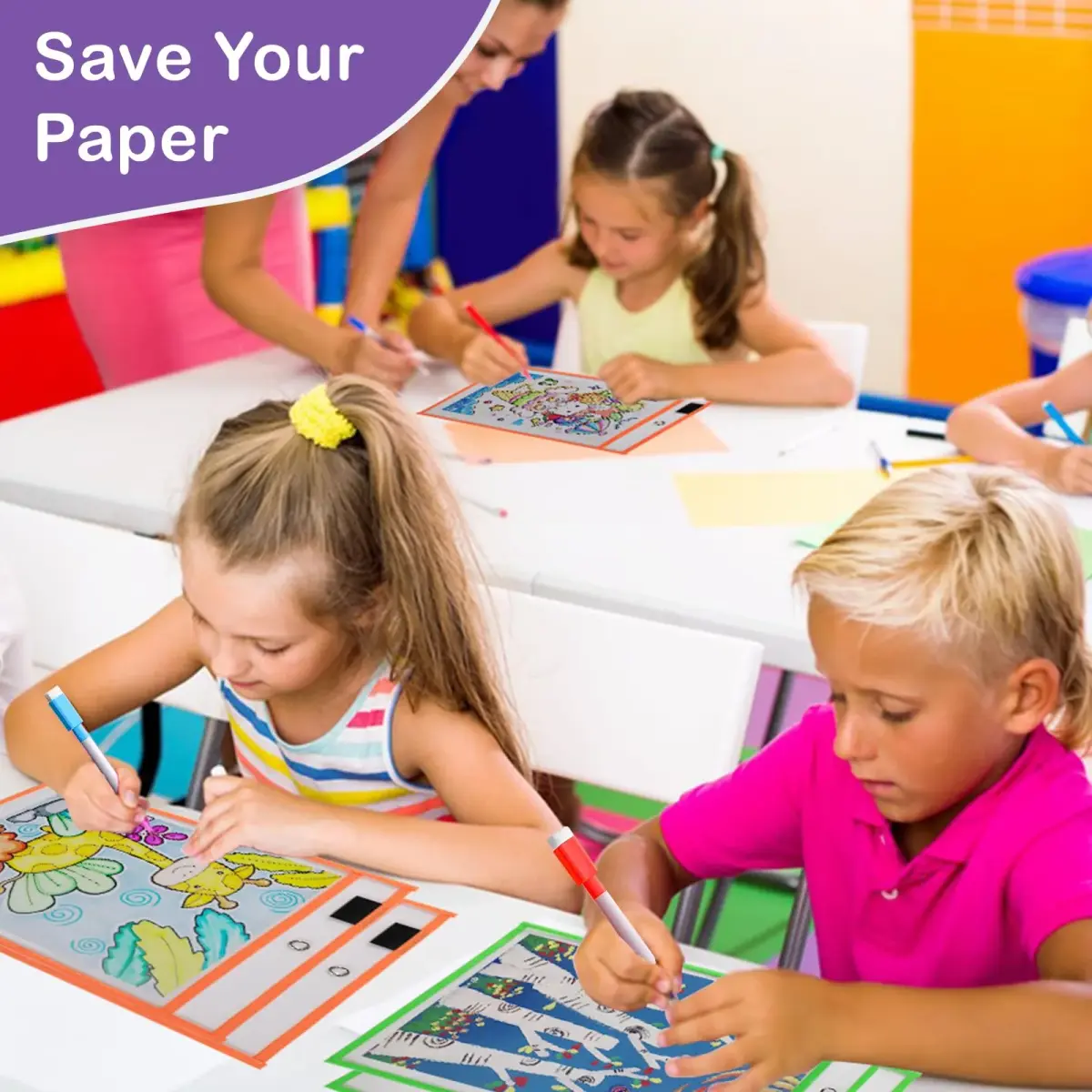 Ufamrine 6 Pcs Dry Erase Pockets Sleeves Colorful, Job Ticket Holders 25cm x 33cm | Reusable Plastic Sleeves for Classroom - view 6