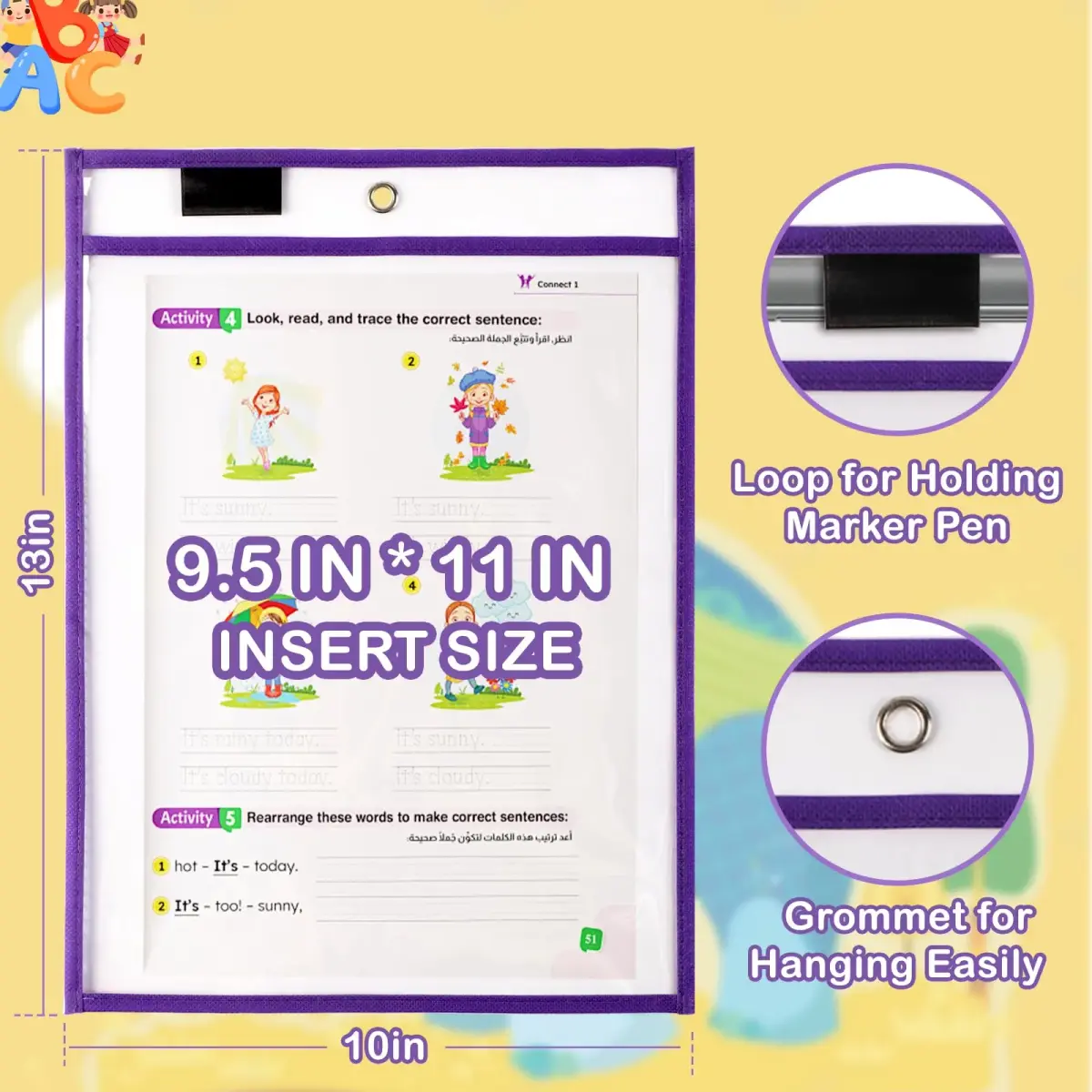 Ufamrine 6 Pcs Dry Erase Pockets Sleeves Colorful, Job Ticket Holders 25cm x 33cm | Reusable Plastic Sleeves for Classroom - view 2
