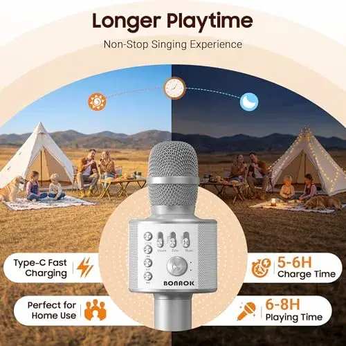 BONAOK Bluetooth Karaoke Microphone Silver | Portable Handheld Mic for Adults & Kids - view 4