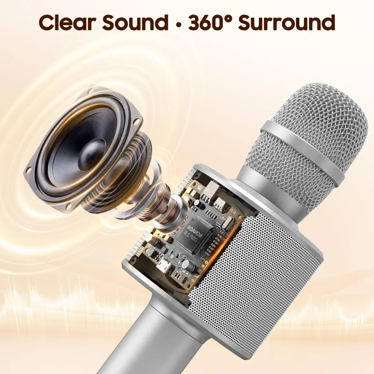 BONAOK Bluetooth Karaoke Microphone Silver | Portable Handheld Mic for Adults & Kids - view 2