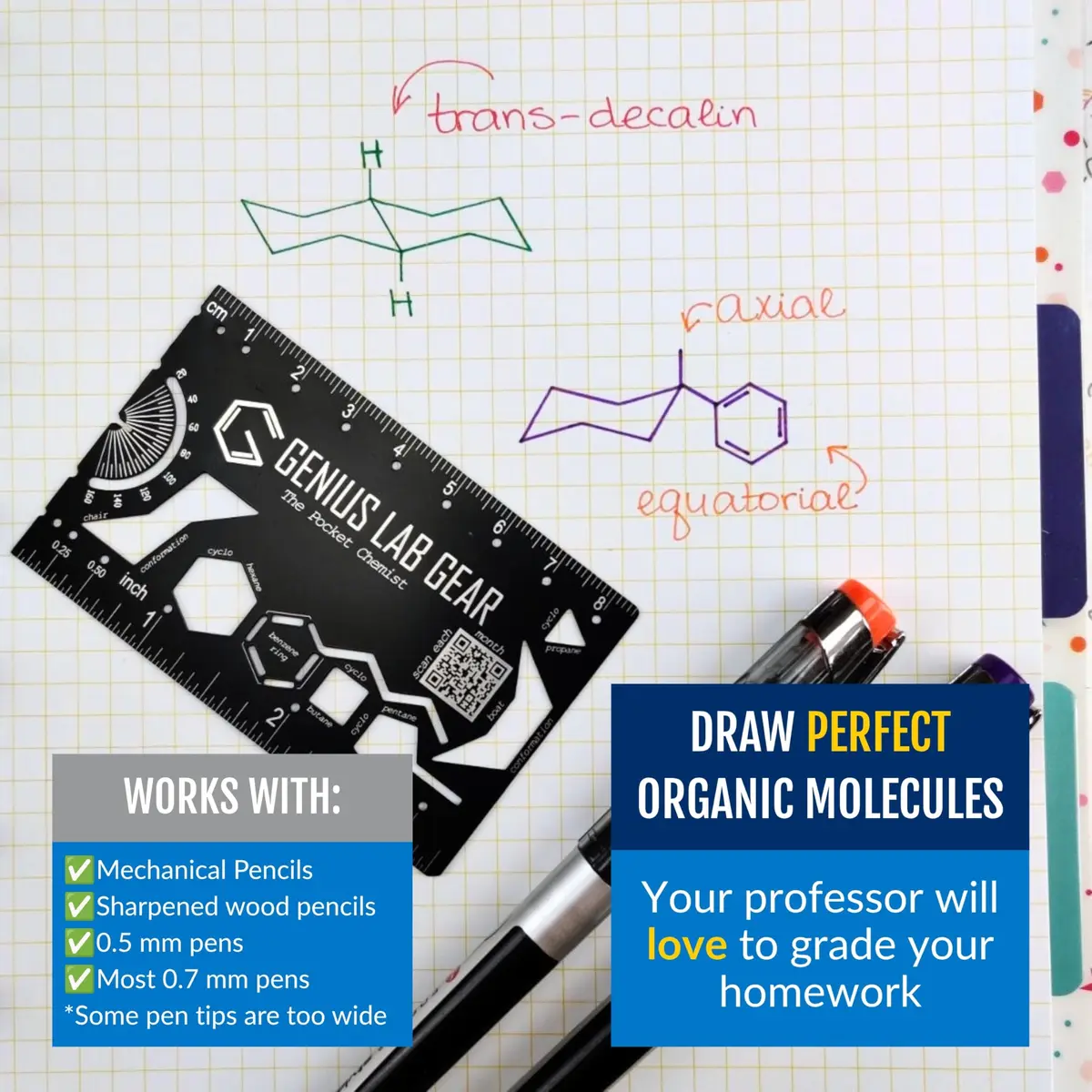 Genius Lab Gear Pocket Chemist Organic Chemistry Stencil 3 Inch Metal Ruler | Compact, Durable & Precision - view 2