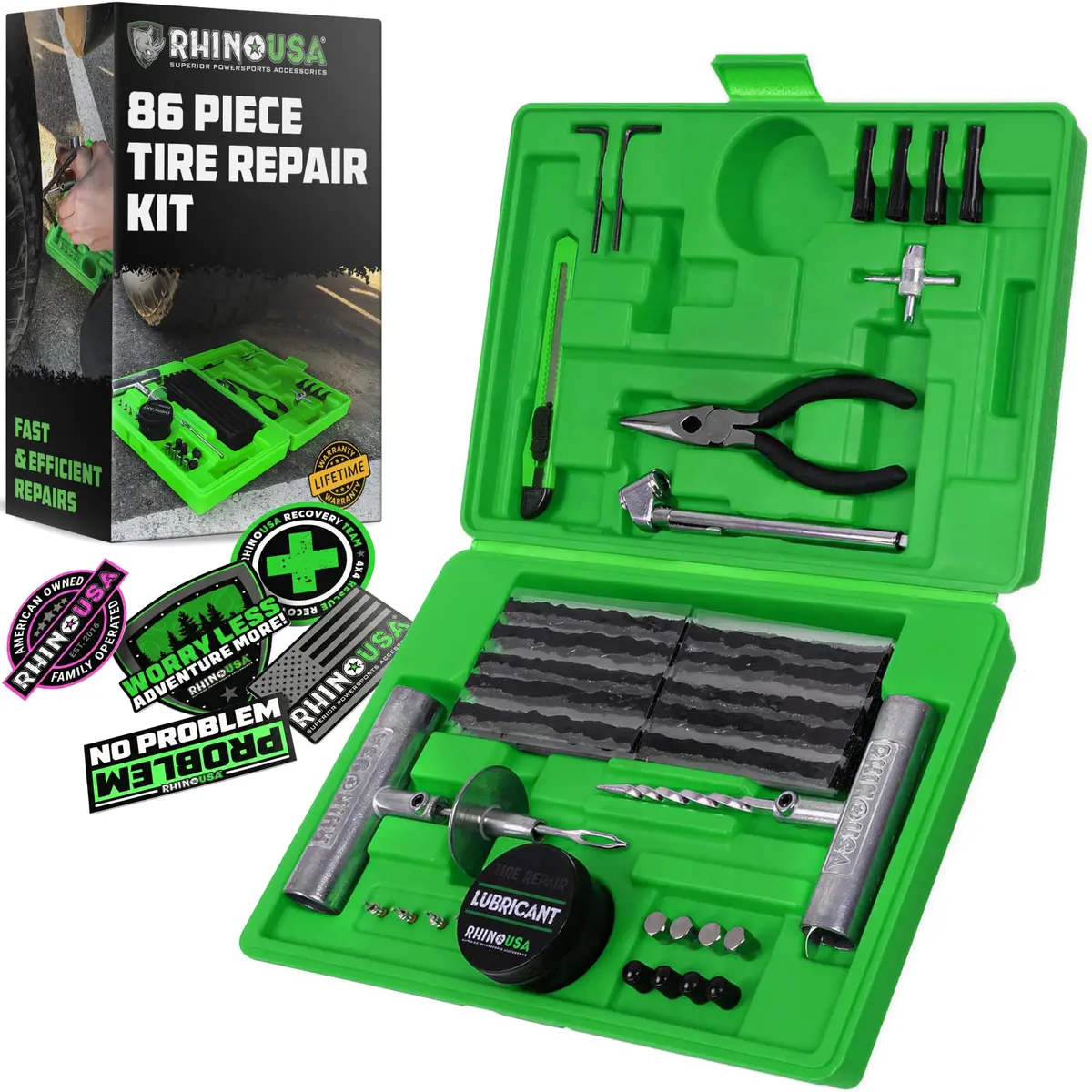 Rhino USA 86-Piece Tire Repair Kit | Heavy Duty Tubeless Tire Plug Kit with Metal Tools & 60 Plugs - main product image