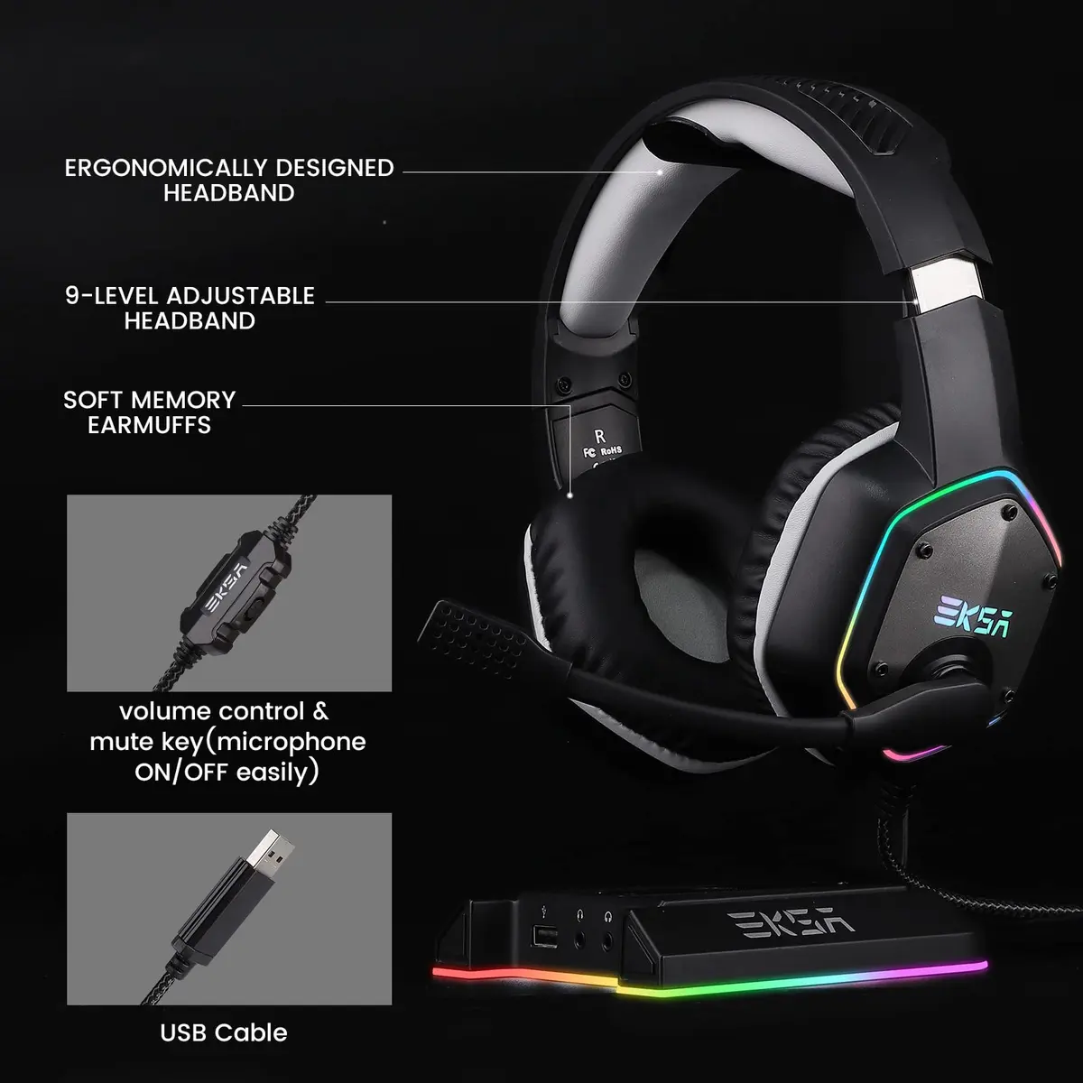 EKSA E1000 USB Gaming Headset with Mic, 7.1 Surround Sound | PC & PS4 Compatible - view 8