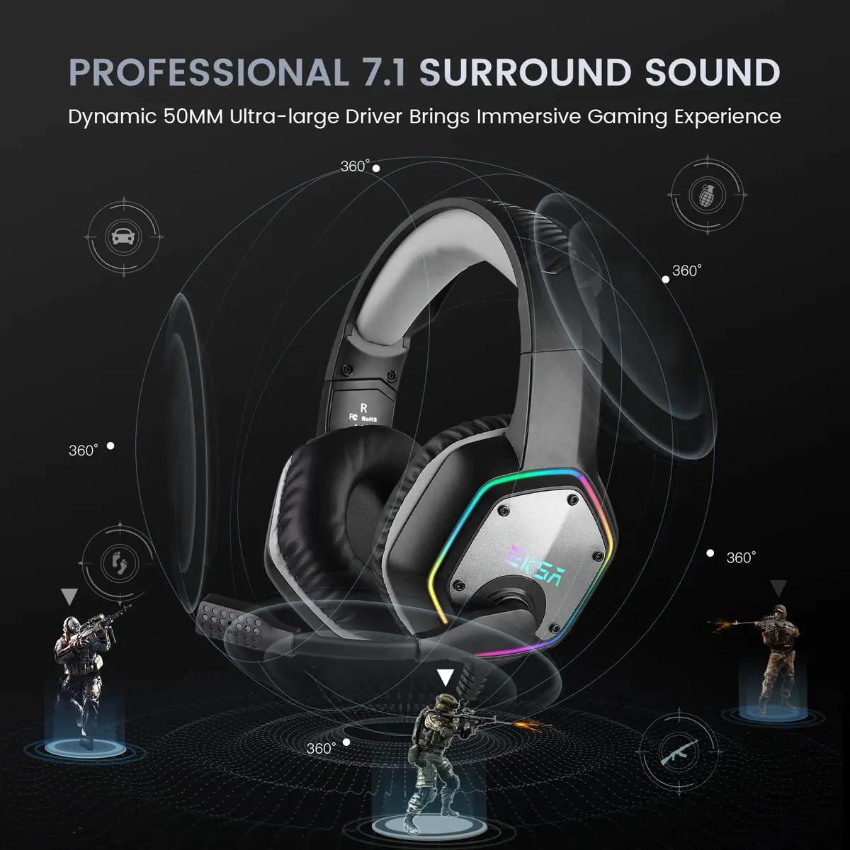 EKSA E1000 USB Gaming Headset with Mic, 7.1 Surround Sound | PC & PS4 Compatible - view 3