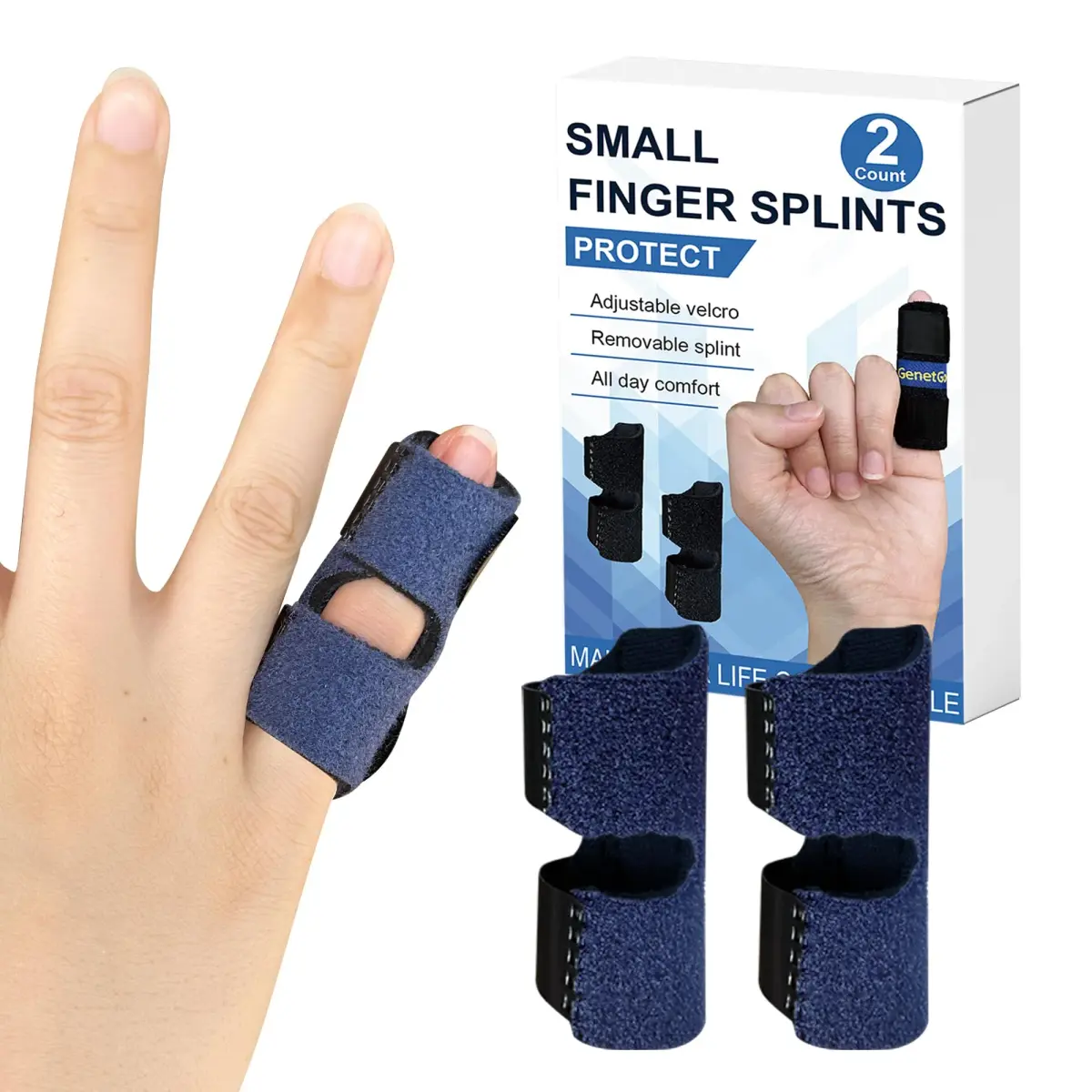 GenetGo Small Finger Splint 2 Pack Blue | Stabilizes Broken Pinky Finger for Arthritis Pain - main product image