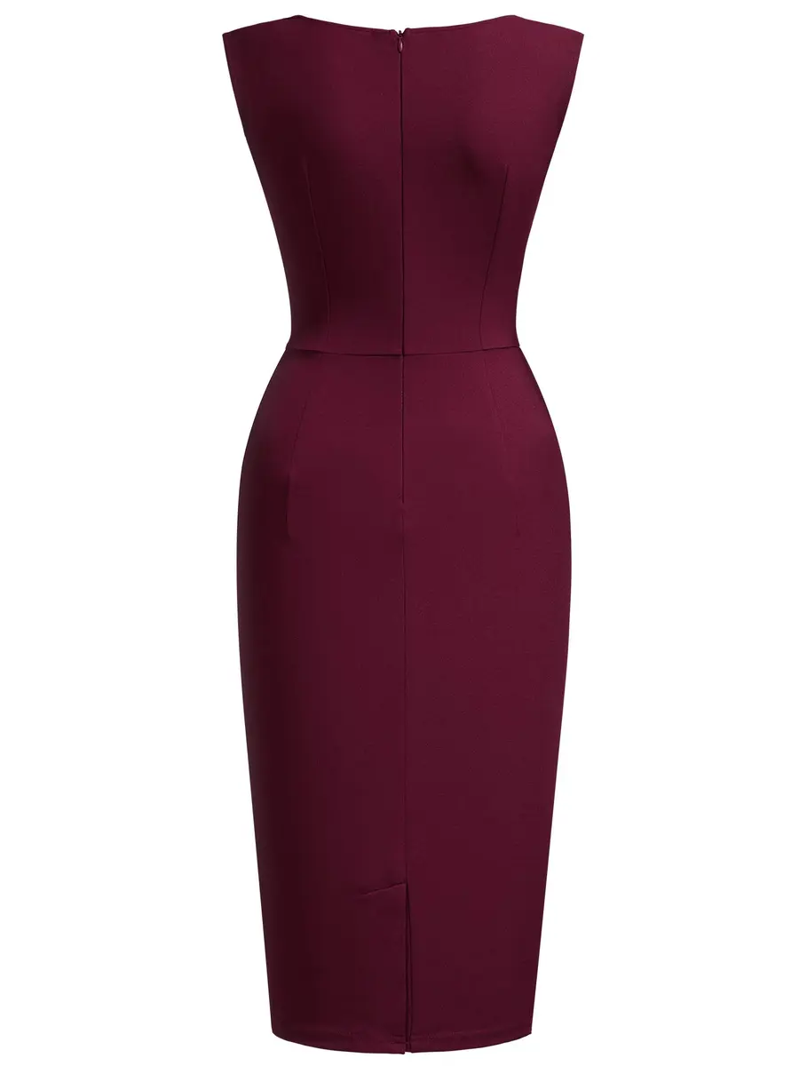 Miusol Women's Retro Ruffle Style Slim Work Pencil Dress Burgundy | Classic Office & Party Wear - view 5