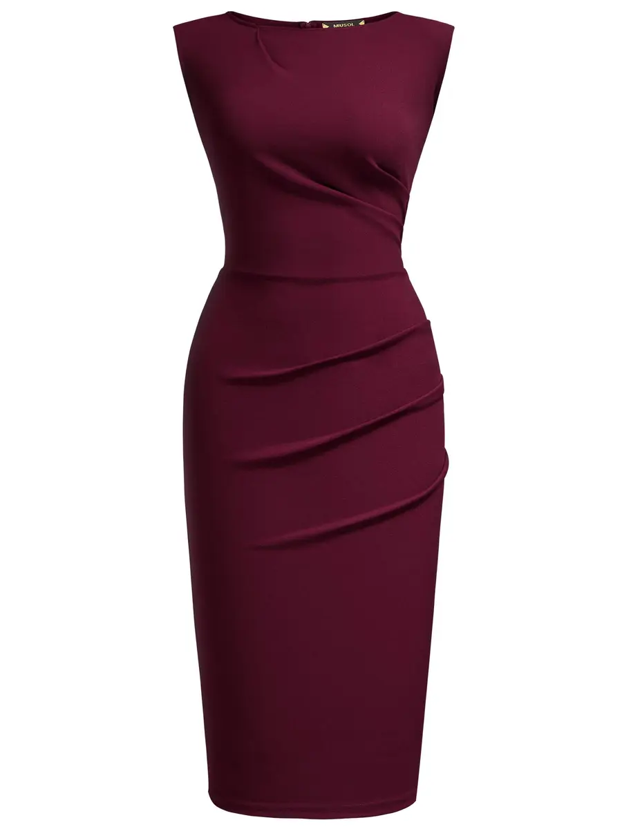 Miusol Women's Retro Ruffle Style Slim Work Pencil Dress Burgundy | Classic Office & Party Wear - view 4