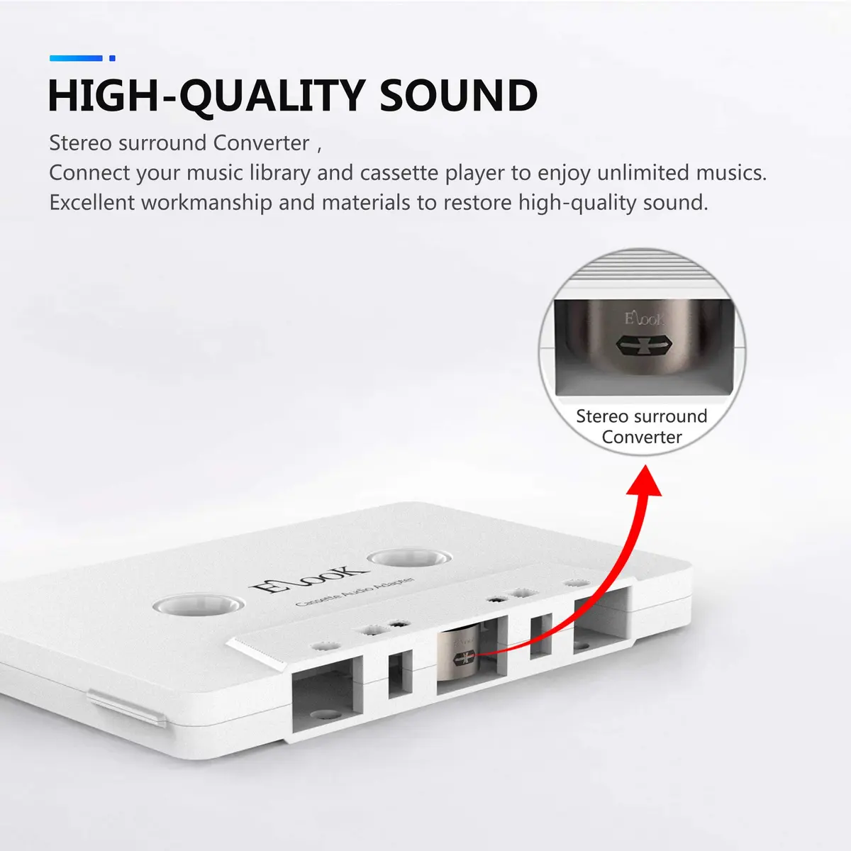 Elook Car Cassette Aux Adapter with 3.5 mm Headphone Jack, White | Vintage Car Audio Accessory - view 2