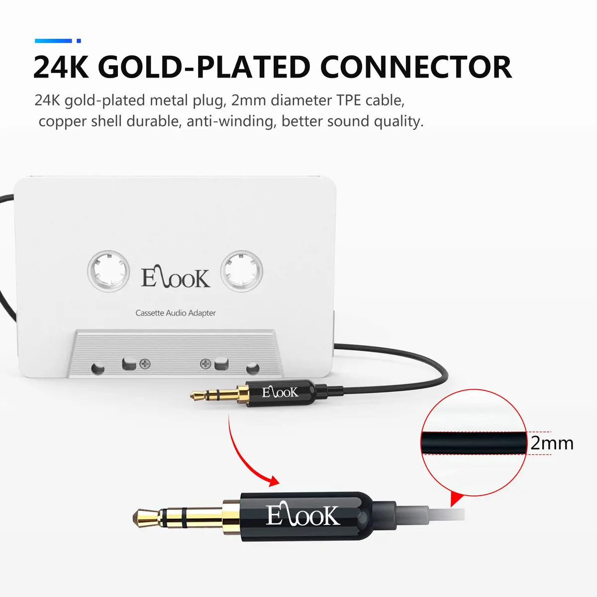 Elook Car Cassette Aux Adapter with 3.5 mm Headphone Jack, White | Vintage Car Audio Accessory - view 3
