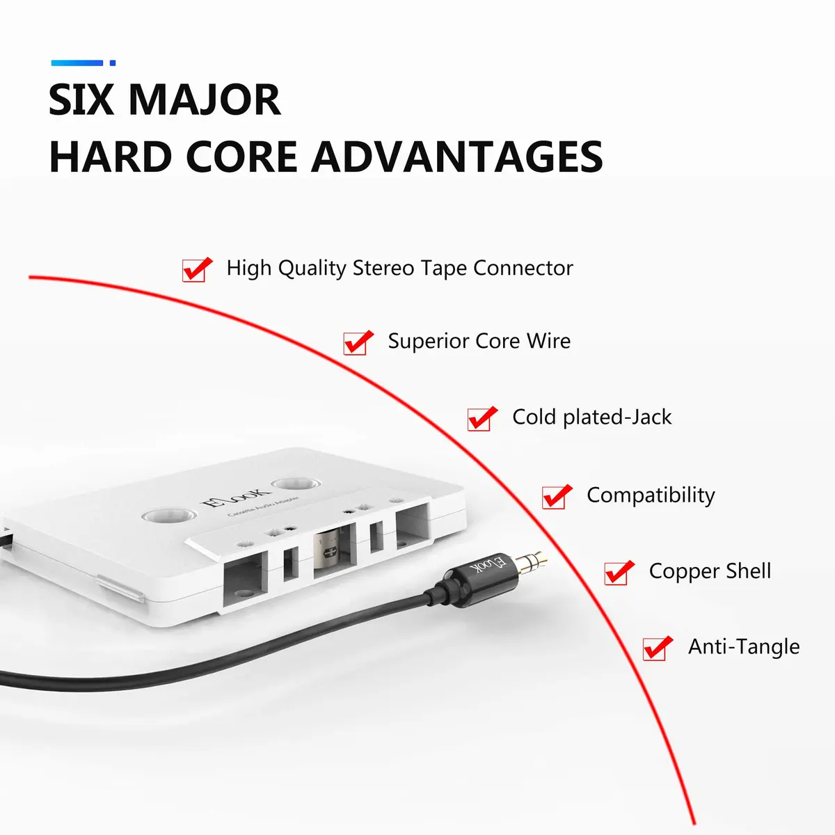 Elook Car Cassette Aux Adapter with 3.5 mm Headphone Jack, White | Vintage Car Audio Accessory - view 4