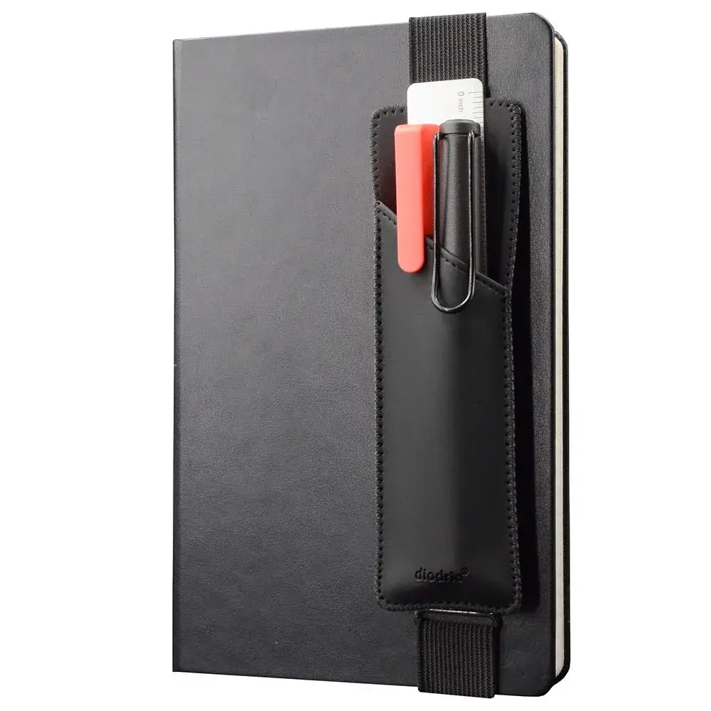 diodrio Adjustable Elastic Band Pen Holder, Black | Fits 8"-11" Notebooks, PU Leather - main product image