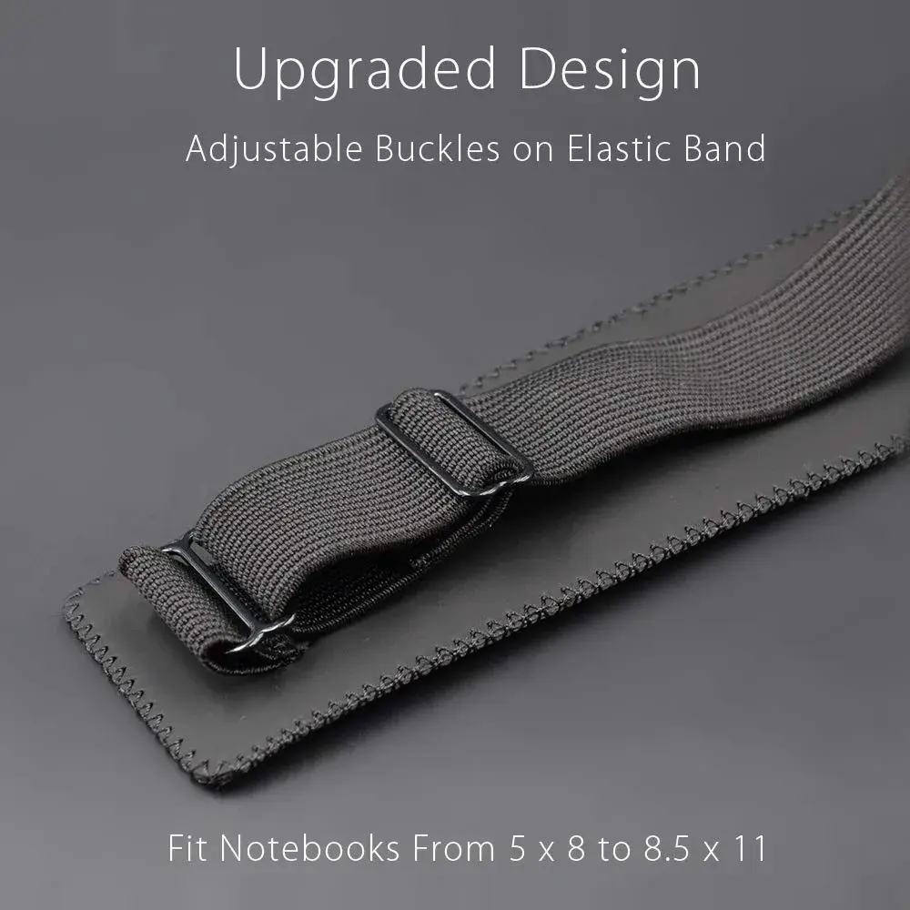 diodrio Adjustable Elastic Band Pen Holder, Black | Fits 8"-11" Notebooks, PU Leather - view 2