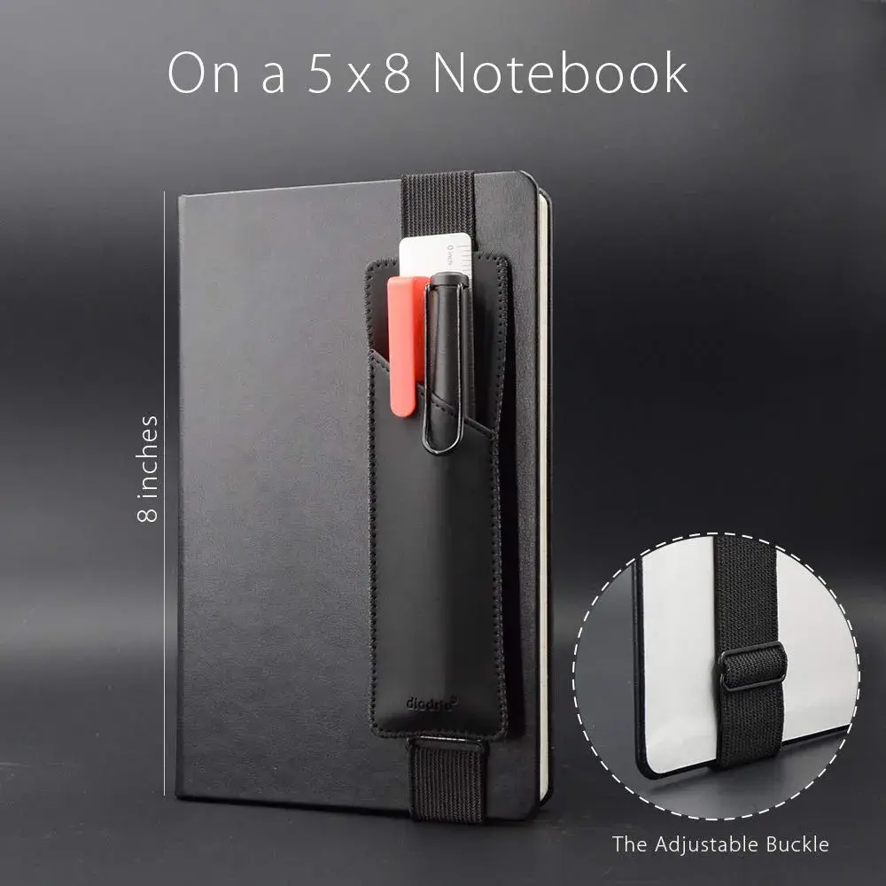 diodrio Adjustable Elastic Band Pen Holder, Black | Fits 8"-11" Notebooks, PU Leather - view 3