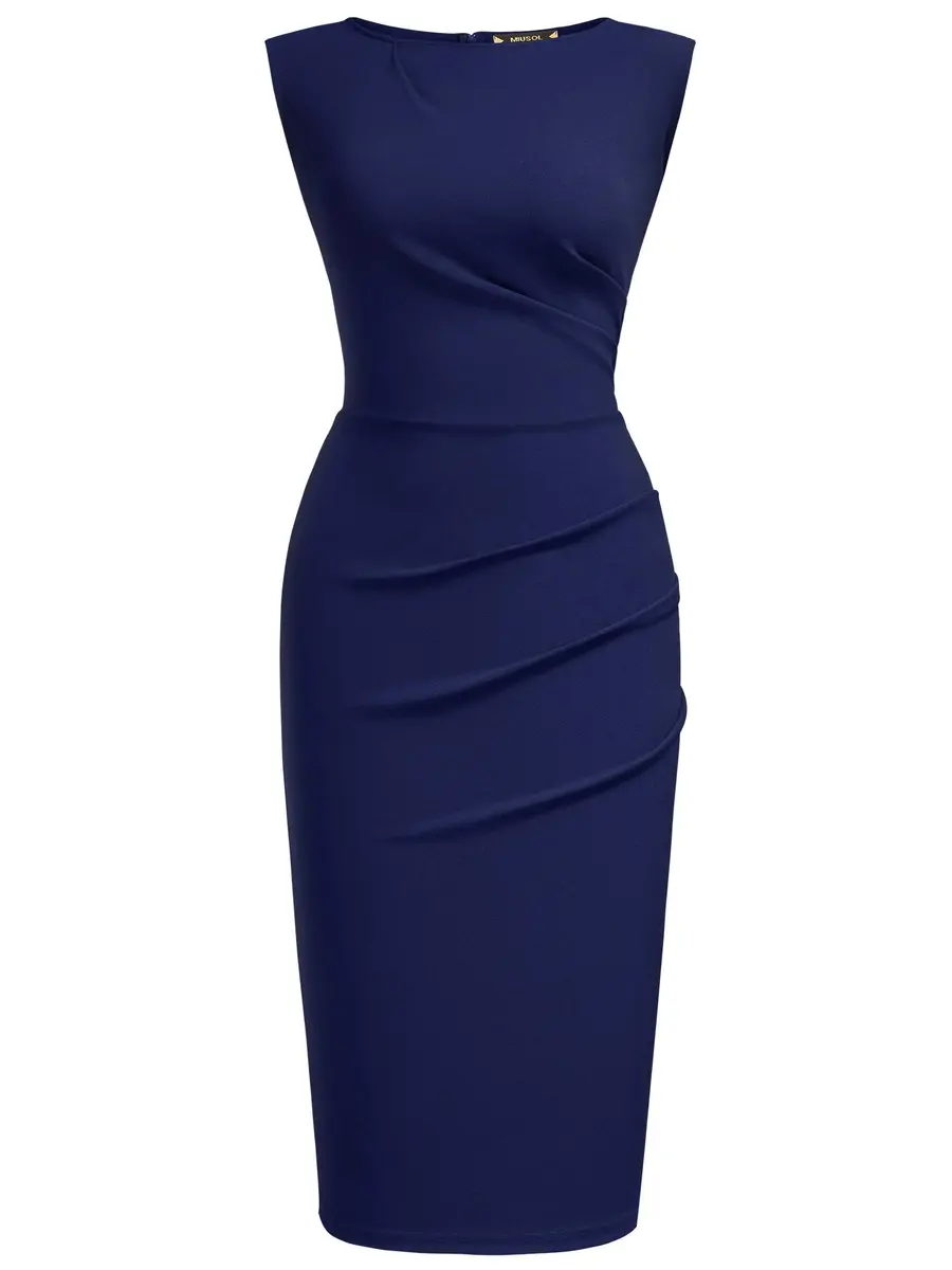 Miusol Women's Retro Ruffle Style Slim Work Pencil Dress A-Navy Blue | Sleeveless, Knee-Length, Business Casual Sheath Dress for Women, Strechy Fabric - view 4