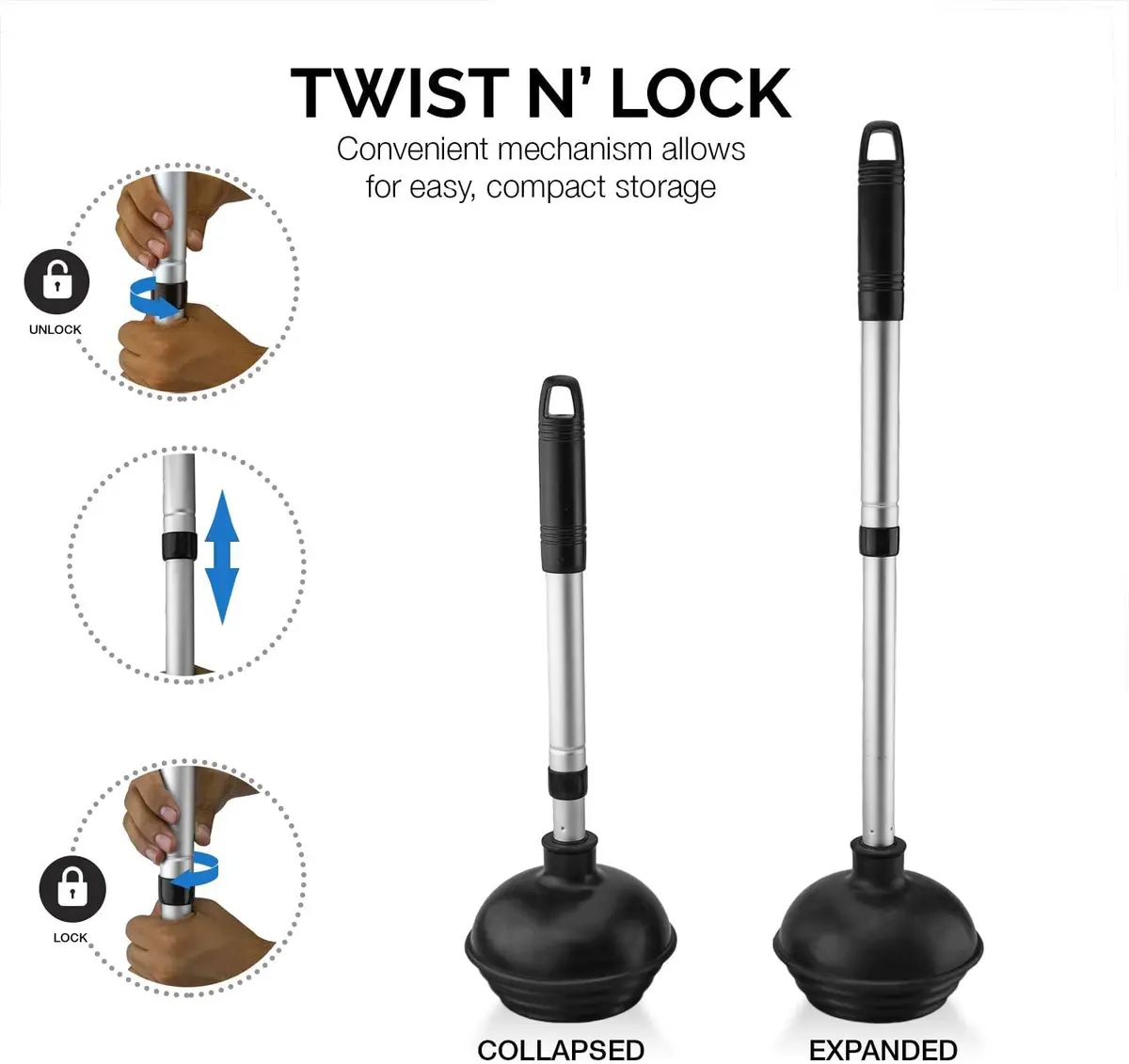 NEIKO Toilet Plunger Set | 2 Piece | Compact All-Angle Design | Telescopic Aluminum Handle - view 2