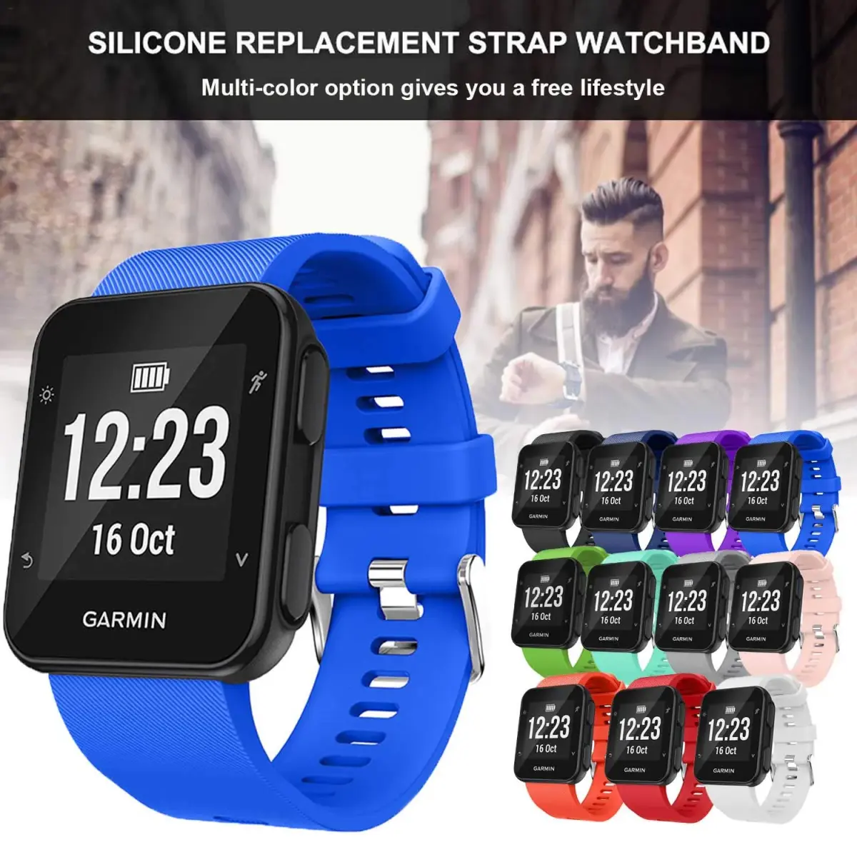 TopPerfekt Silicone Watch Band for Garmin Forerunner 35 | 24mm (0.94 Inch) Blue | Adjustable Sport Strap - view 7