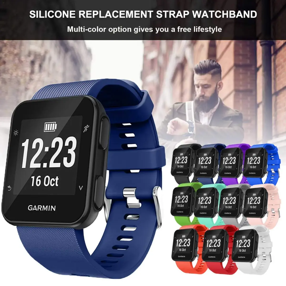 TopPerfekt Silicone Watch Band for Garmin Forerunner 35 | 24mm Navy, Fits 130-230mm Wrist - view 7