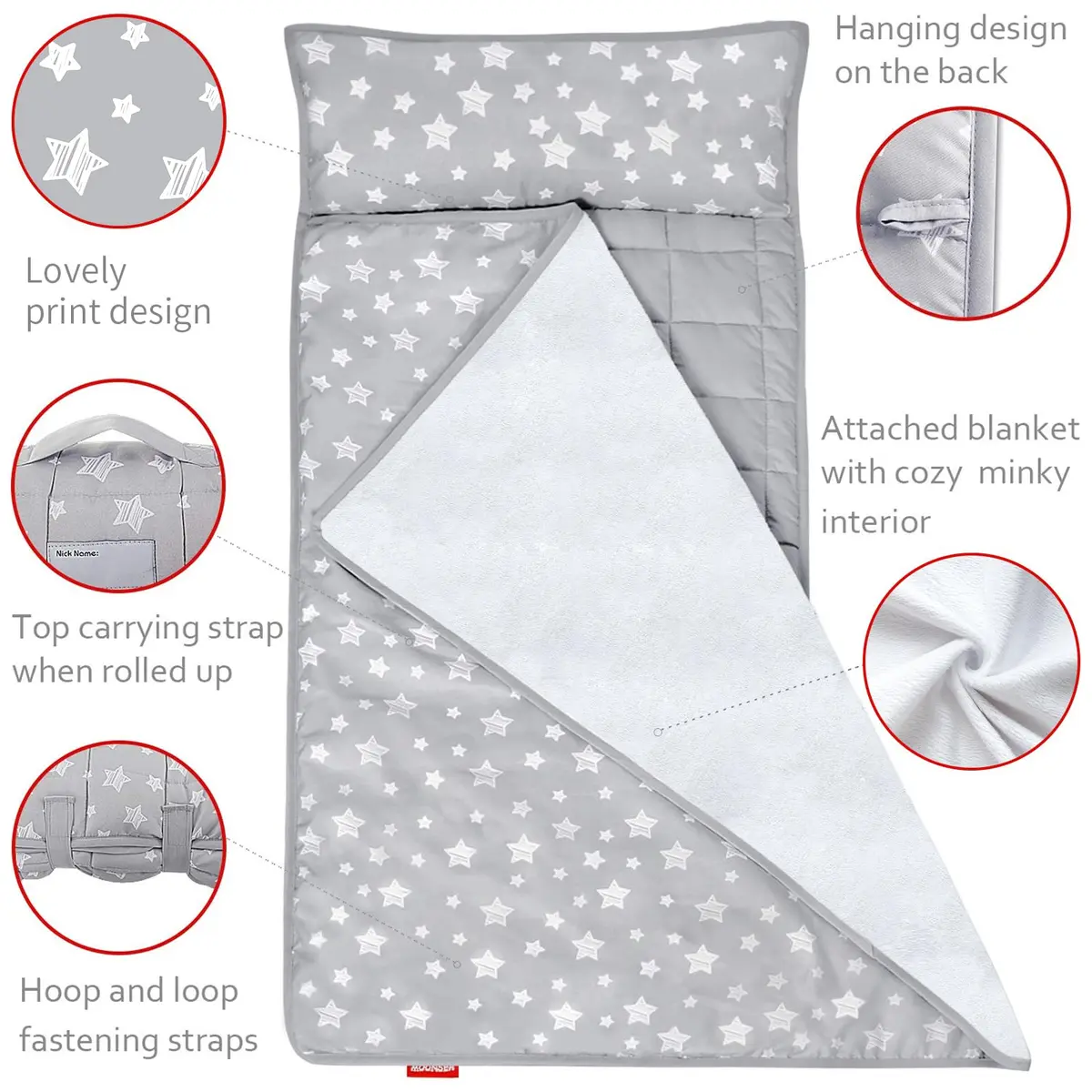 Moonsea Toddler Nap Mat with Pillow and Fleece Minky Blanket Grey | Soft, Portable & Machine Washable - view 3