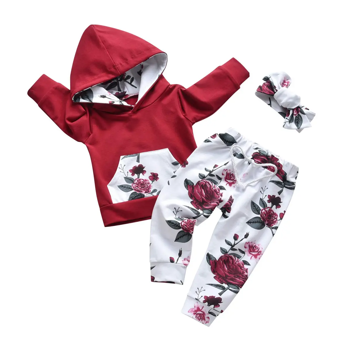 Eghunooy Baby Girl Clothes Long Sleeve Floral Hoodie Sweatshirt Pants with Pocket Headband Outfit Sets (3-4T) Wine Red | Breathable Cotton, Perfect for Indian Winters - main product image