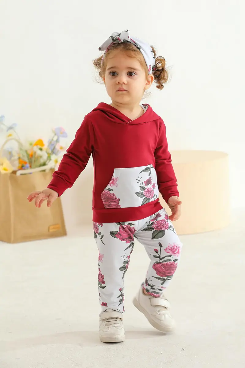 Eghunooy Baby Girl Clothes Long Sleeve Floral Hoodie Sweatshirt Pants with Pocket Headband Outfit Sets (3-4T) Wine Red | Breathable Cotton, Perfect for Indian Winters - view 2