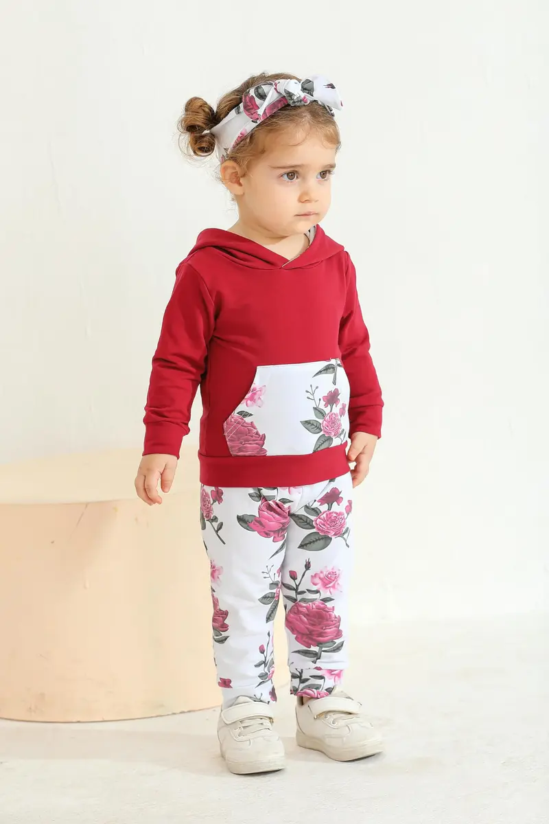 Eghunooy Baby Girl Clothes Long Sleeve Floral Hoodie Sweatshirt Pants with Pocket Headband Outfit Sets (3-4T) Wine Red | Breathable Cotton, Perfect for Indian Winters - view 3