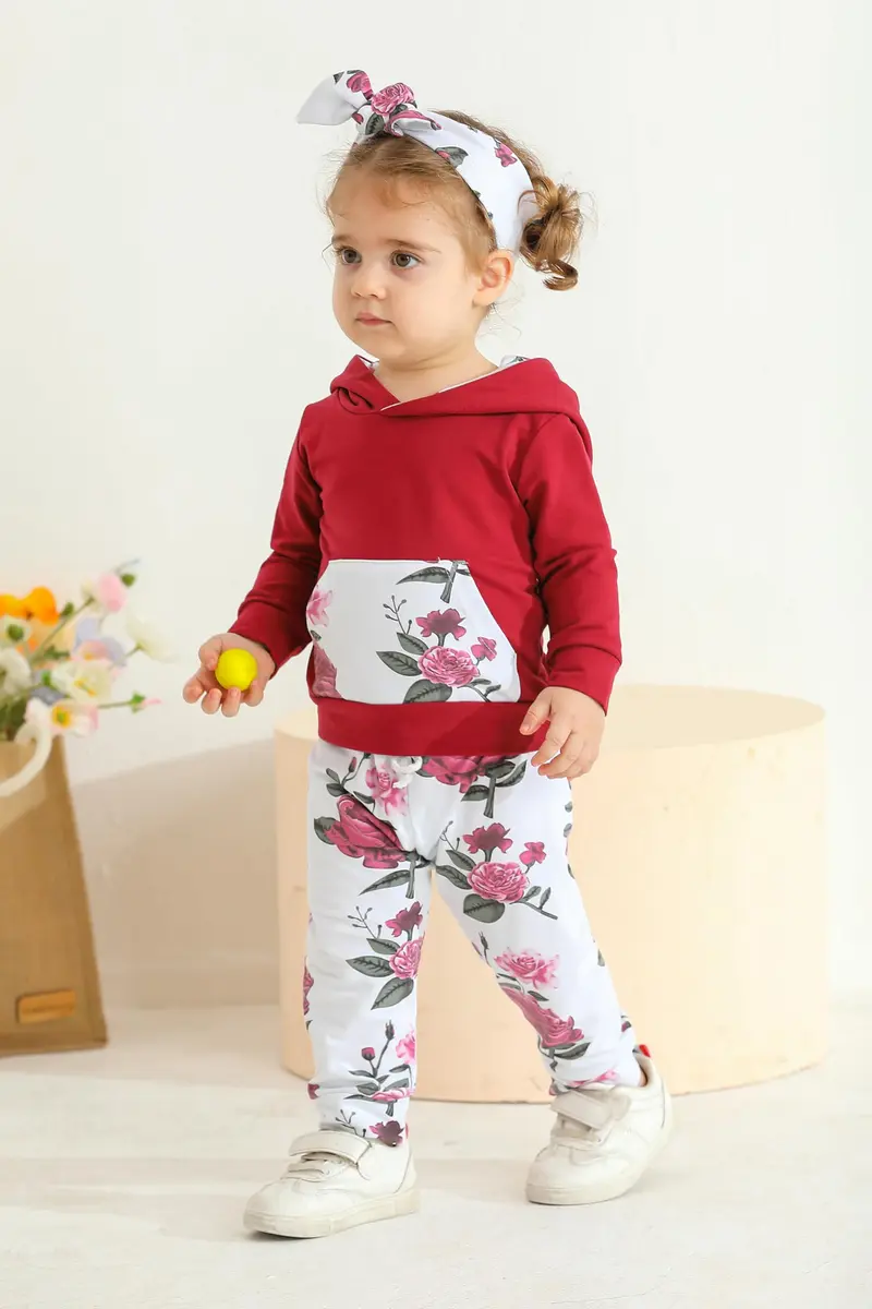 Eghunooy Baby Girl Clothes Long Sleeve Floral Hoodie Sweatshirt Pants with Pocket Headband Outfit Sets (3-4T) Wine Red | Breathable Cotton, Perfect for Indian Winters - view 4