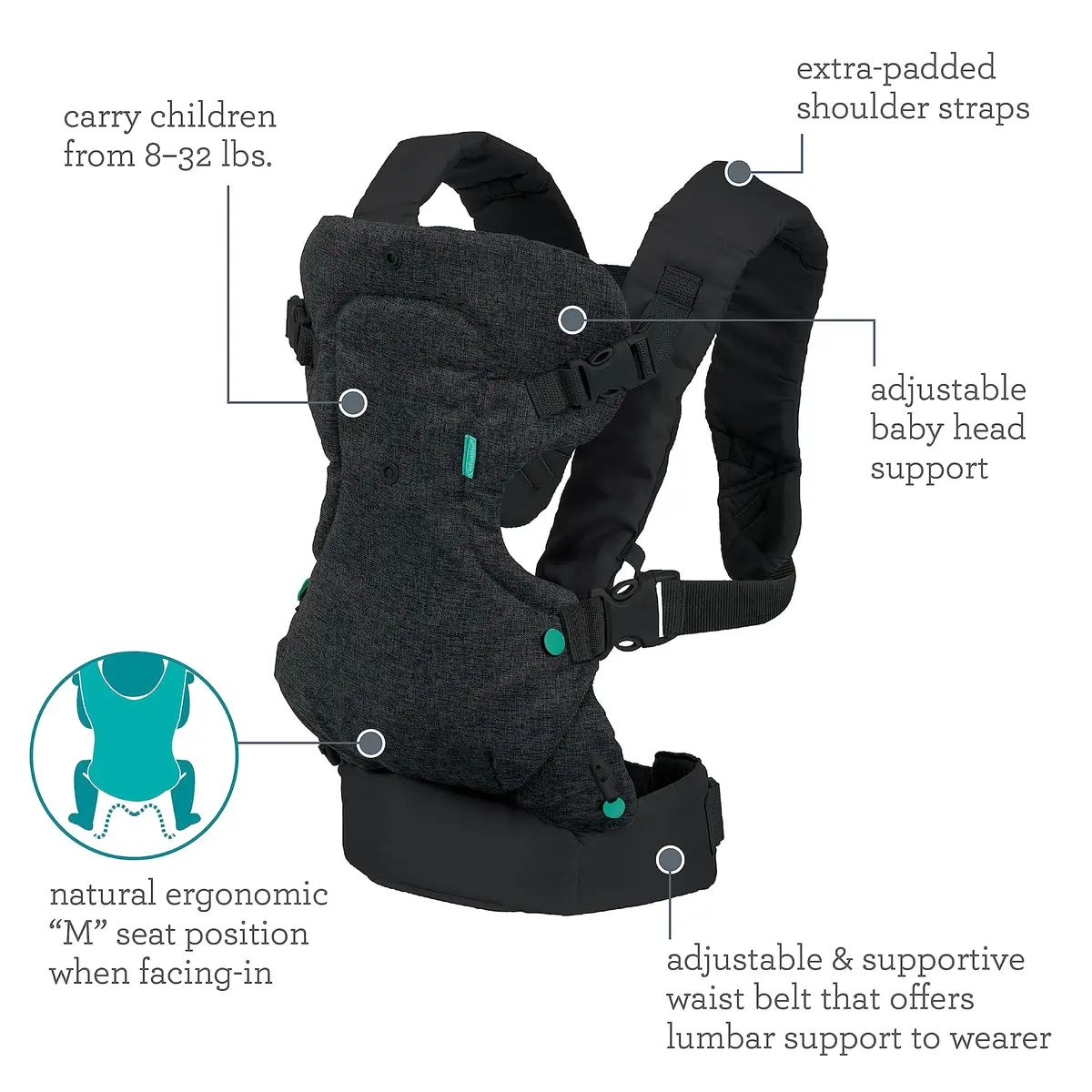 Infantino Flip 4-in-1 Baby Carrier Convertible Ergonomic, Black Denim | Adjustable, Ergonomic & Grow-with-Your Baby (70-120 chars) - view 5