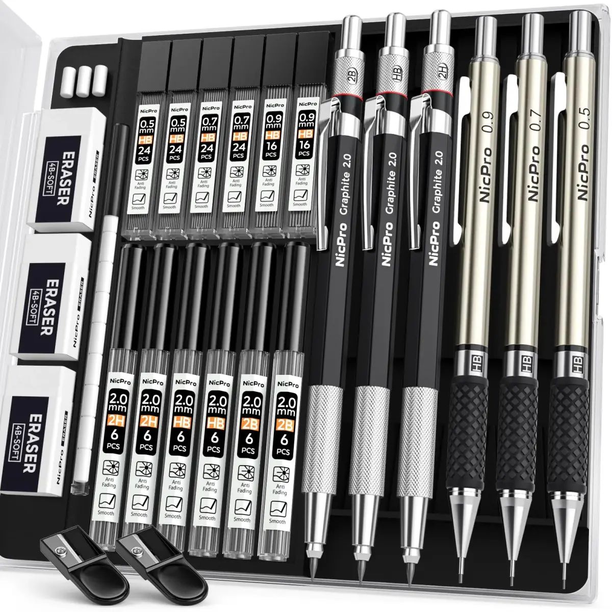 Nicpro 6PCS Art Mechanical Pencil Set with 0.5/0.7/0.9/2.0mm Leads & Erasers | Value Pack for Students & Professionals - main product image
