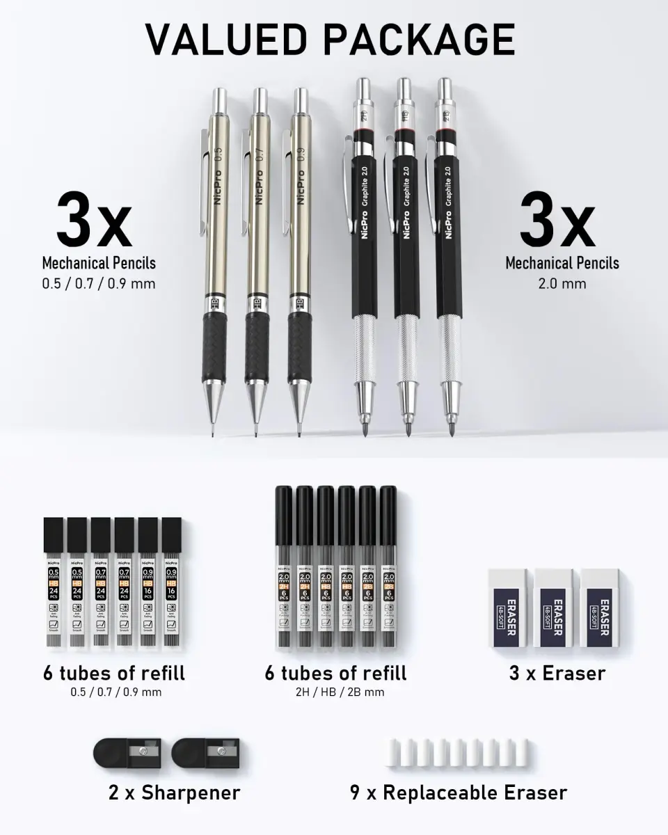 Nicpro 6PCS Art Mechanical Pencil Set with 0.5/0.7/0.9/2.0mm Leads & Erasers | Value Pack for Students & Professionals - view 5