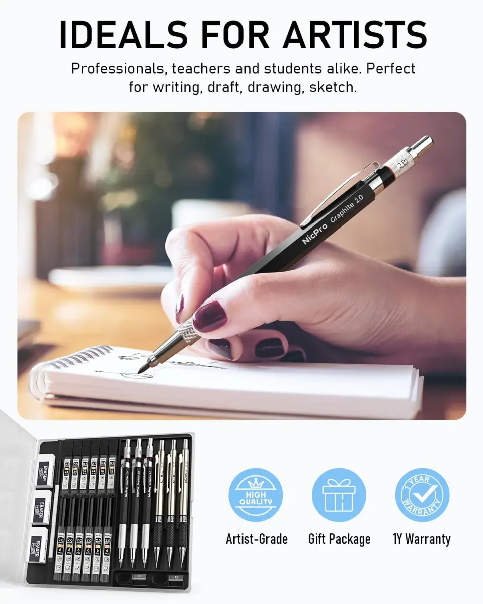 Nicpro 6PCS Art Mechanical Pencil Set with 0.5/0.7/0.9/2.0mm Leads & Erasers | Value Pack for Students & Professionals - view 6