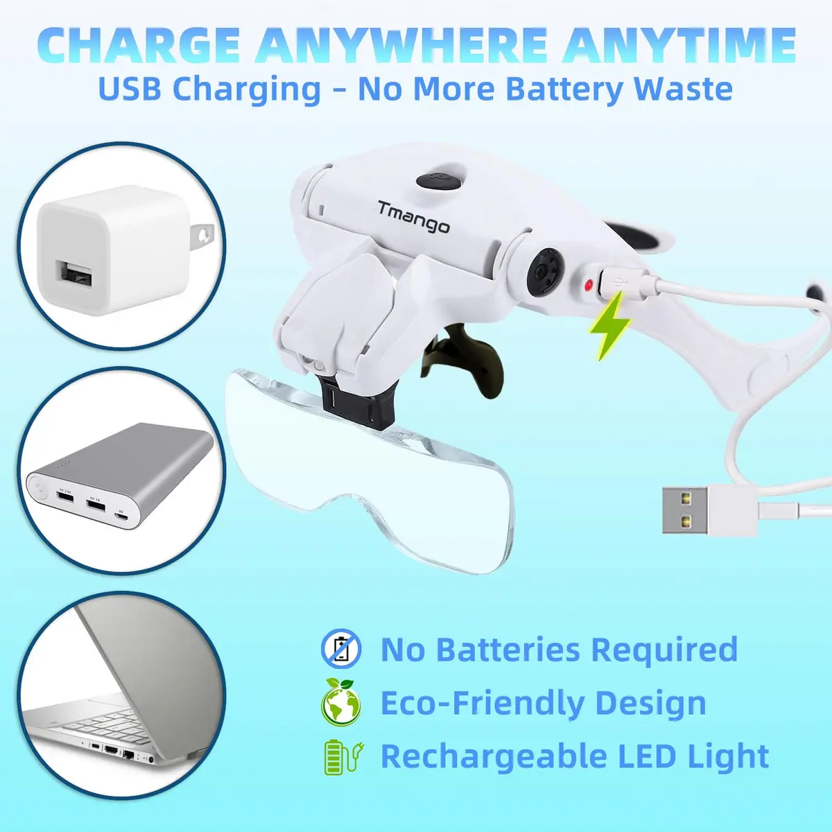Tmango Rechargeable Head Magnifier 1.0X-3.5X | Hands-Free Jewelry & Craft Lighted Headband - view 5