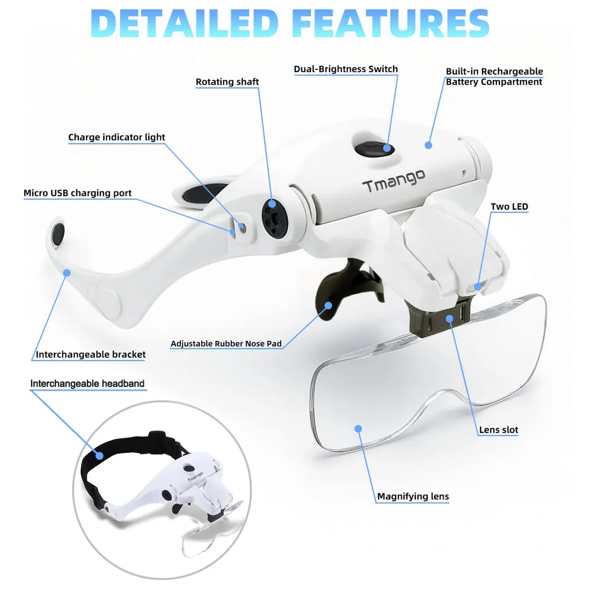 Tmango Rechargeable Head Magnifier 1.0X-3.5X | Hands-Free Jewelry & Craft Lighted Headband - view 8