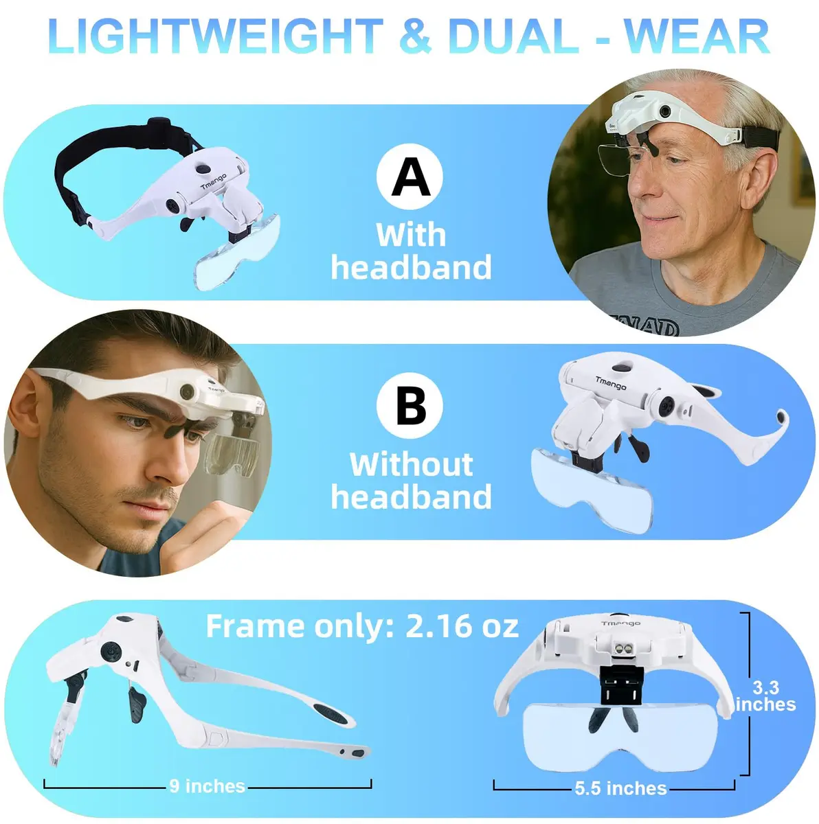 Tmango Rechargeable Head Magnifier 1.0X-3.5X | Hands-Free Jewelry & Craft Lighted Headband - view 3