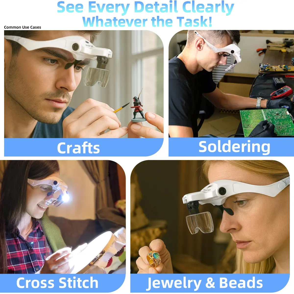 Tmango Rechargeable Head Magnifier 1.0X-3.5X | Hands-Free Jewelry & Craft Lighted Headband - view 4