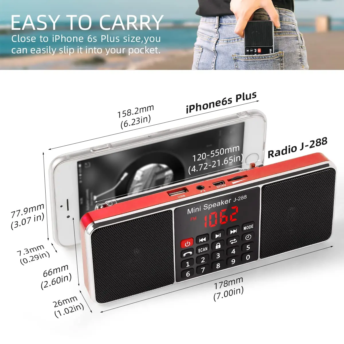 PRUNUS J-288 Portable Radio AM FM Bluetooth Speaker | 56cm Long Antenna, 10H Playtime, 5-in-1 Stereo Sound - view 2