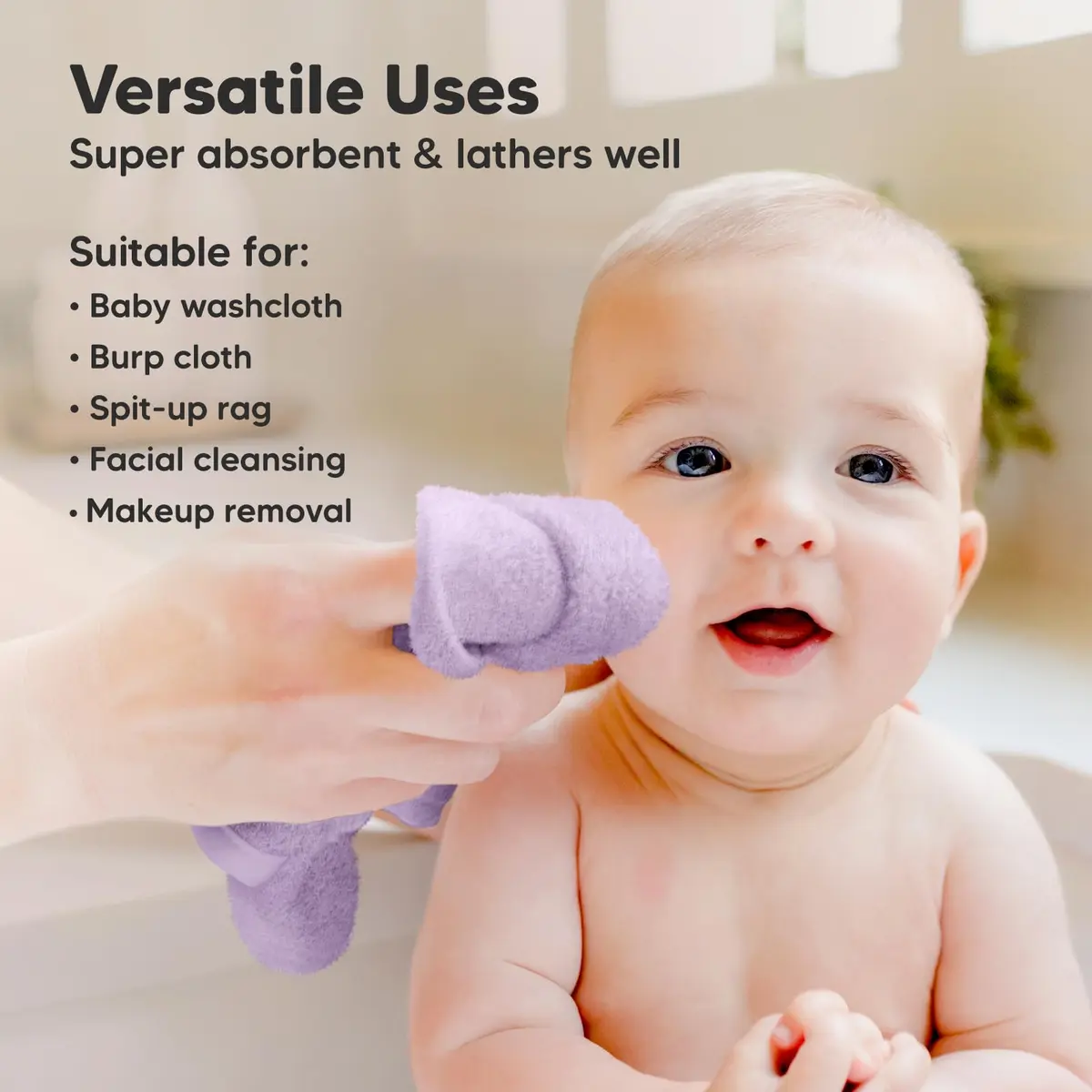 KeaBabies Baby Washcloths 10x10 in Soft Lilac | Ultra-Soft Bamboo Face & Body Cloths - view 6