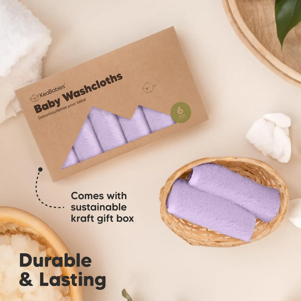 KeaBabies Baby Washcloths 10x10 in Soft Lilac | Ultra-Soft Bamboo Face & Body Cloths - view 7