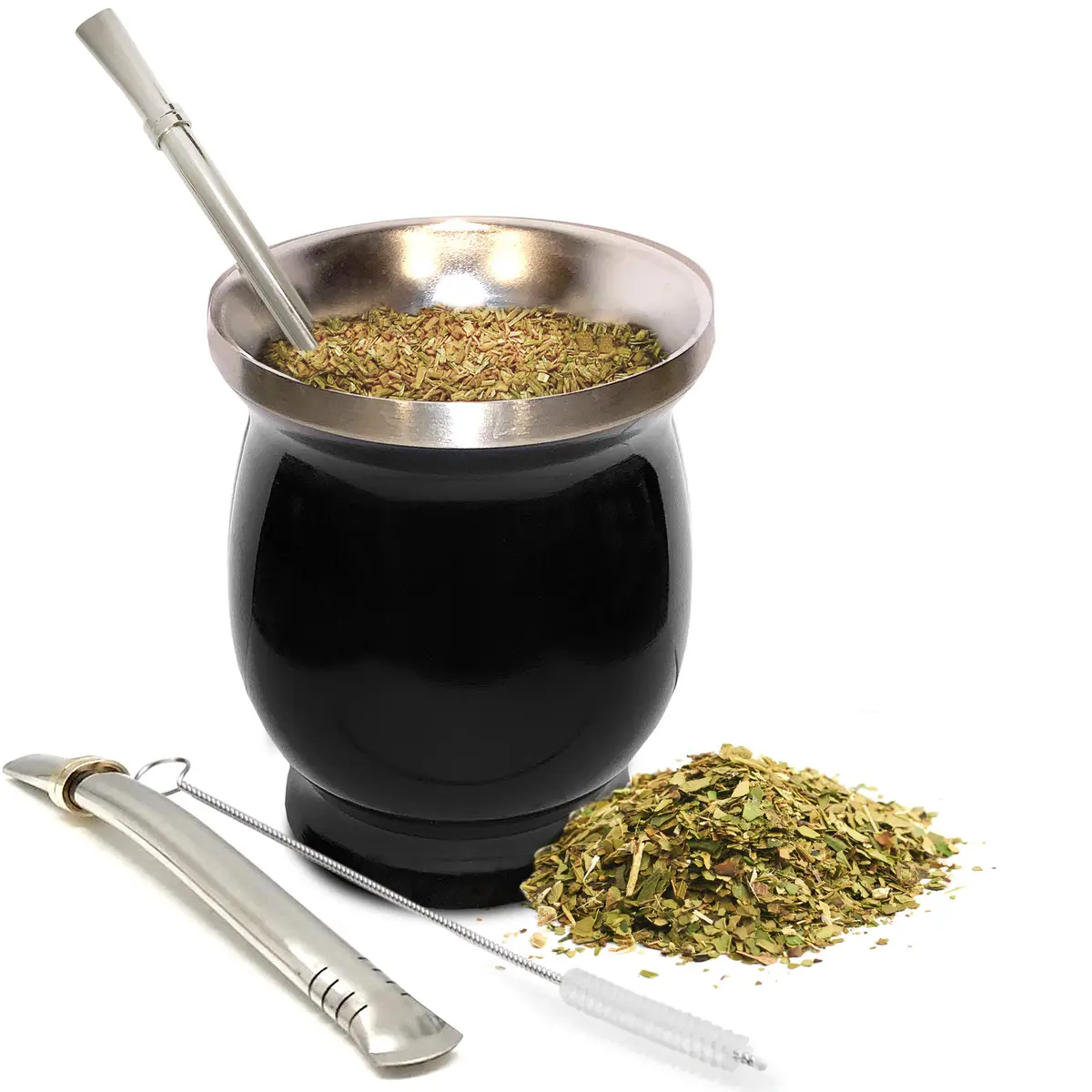 Norte Group Stainless Steel Double-Walled Yerba Mate Gourd Tea Cup Set with Bombilla & Brush | 8oz (237ml) Black - main product image