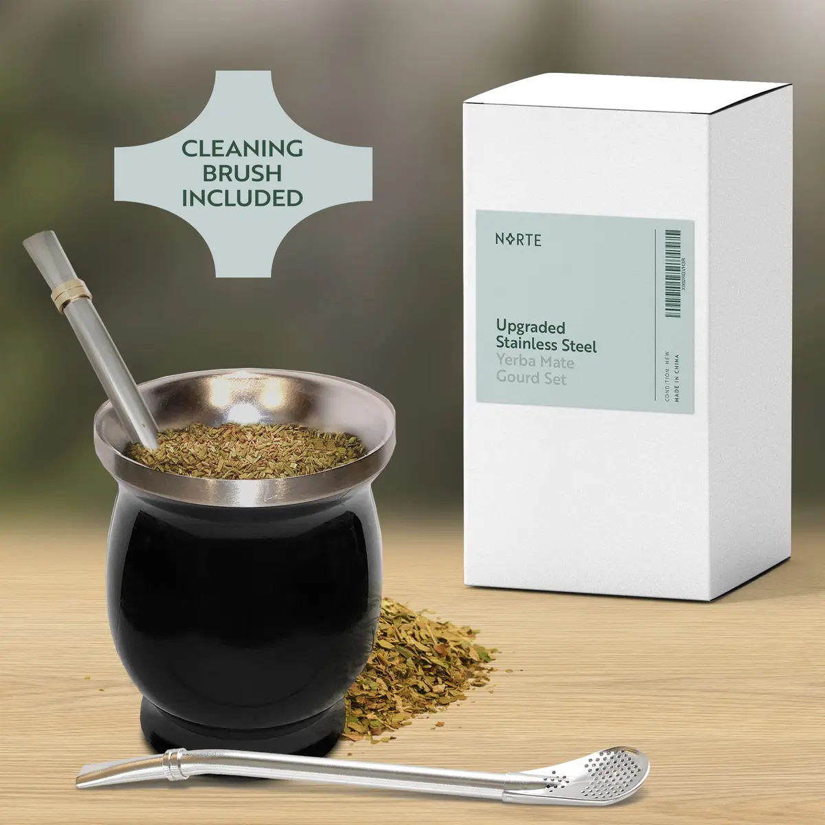 Norte Group Stainless Steel Double-Walled Yerba Mate Gourd Tea Cup Set with Bombilla & Brush | 8oz (237ml) Black - view 6