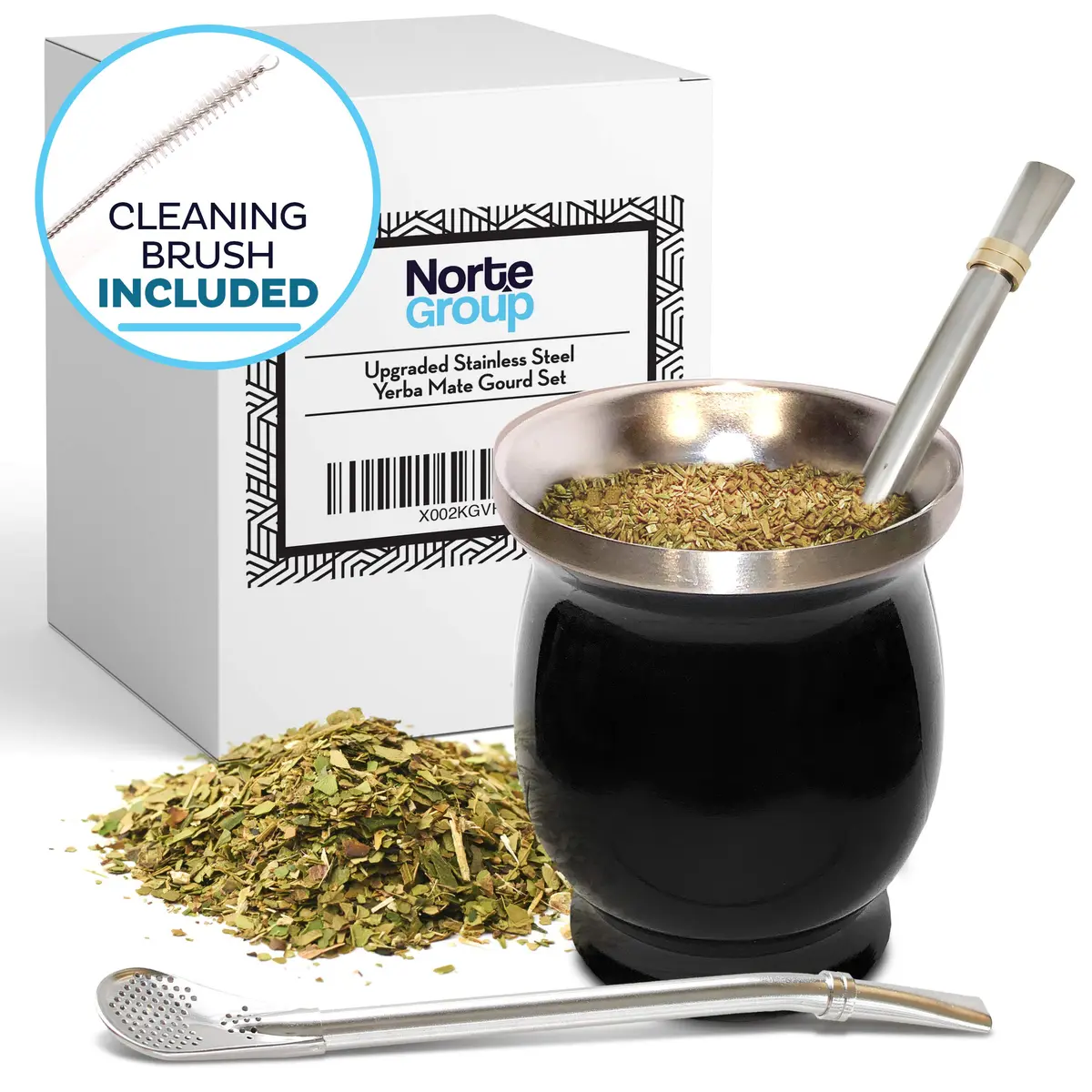 Norte Group Stainless Steel Double-Walled Yerba Mate Gourd Tea Cup Set with Bombilla & Brush | 8oz (237ml) Black - view 7
