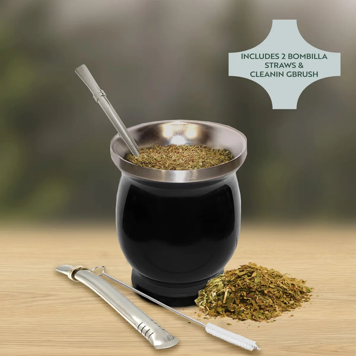 Norte Group Stainless Steel Double-Walled Yerba Mate Gourd Tea Cup Set with Bombilla & Brush | 8oz (237ml) Black - view 2