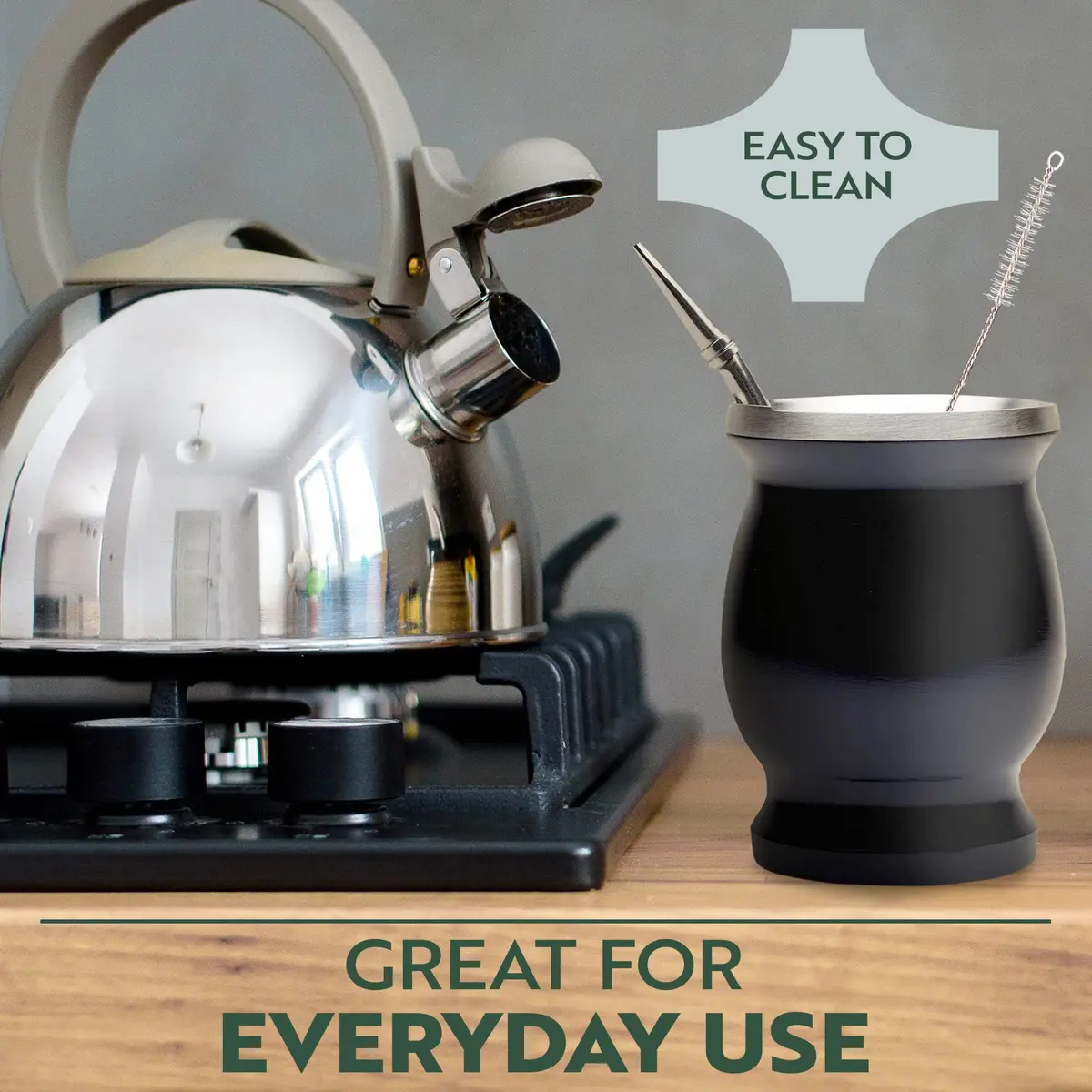Norte Group Stainless Steel Double-Walled Yerba Mate Gourd Tea Cup Set with Bombilla & Brush | 8oz (237ml) Black - view 4
