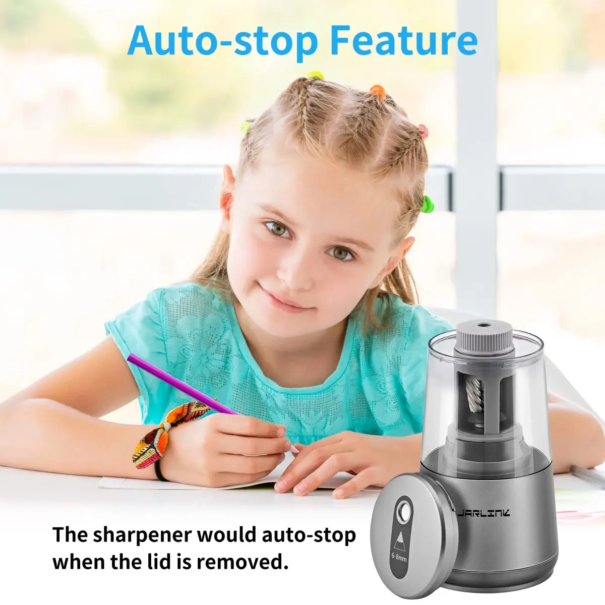 JARLINK Electric Pencil Sharpener Heavy Duty Helical Blade Auto Stop 13.2cm (5.2in) | Fast Sharpening for Students & Artists - view 9