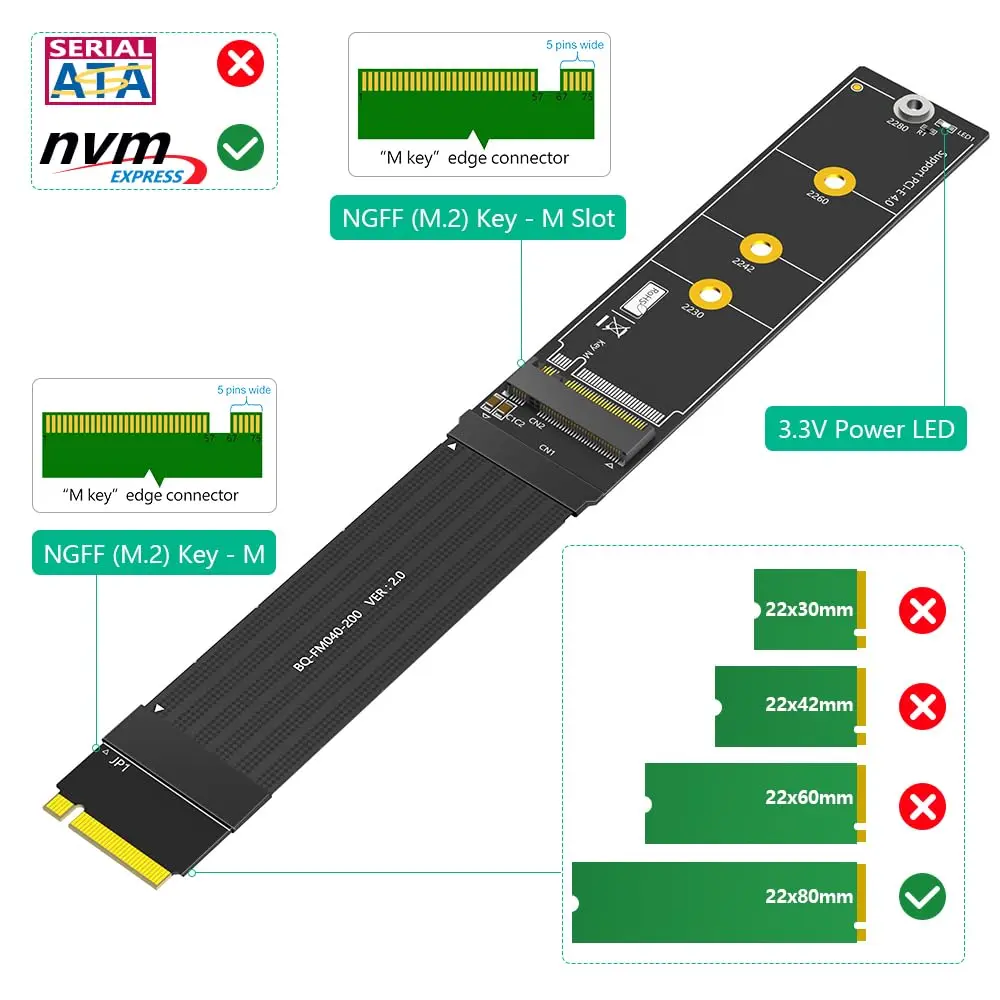 Sintech M.2 NVME Extender,NGFF M-Key PCIe 3.0/4.0 SSD Extension Card with 20cm Soft-PCB Cable - view 3