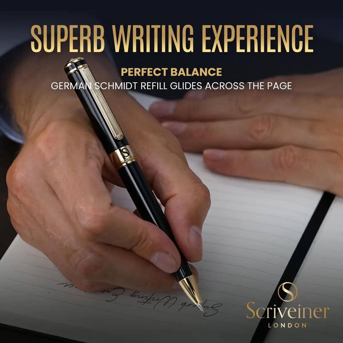 Scriveiner Black Lacquer Ballpoint Pen -Luxury Executive Brass Writing Instrument, Gold Plated, Schmidt Refill, Gift Set (1 Count, 140mm) - view 4