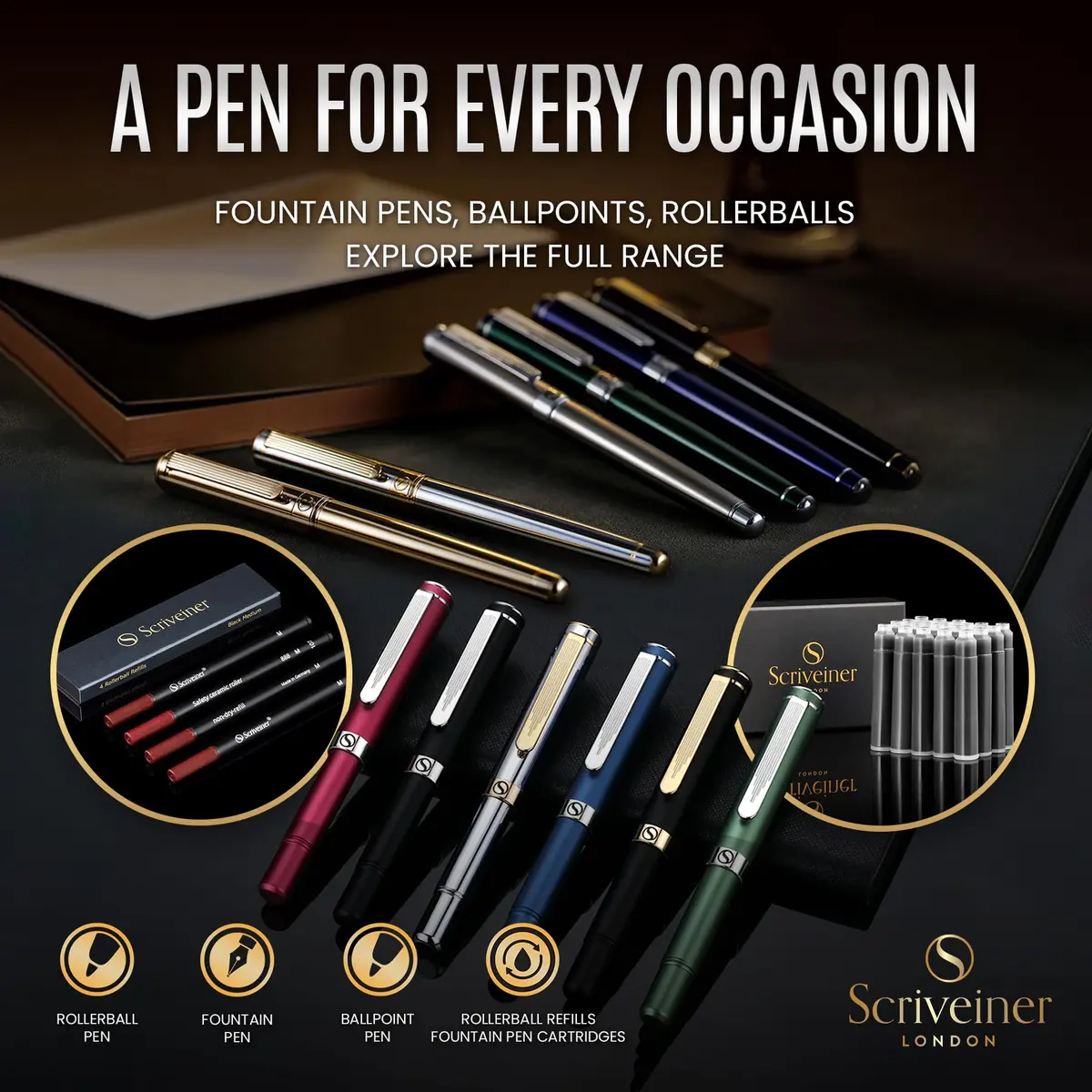 Scriveiner Black Lacquer Ballpoint Pen -Luxury Executive Brass Writing Instrument, Gold Plated, Schmidt Refill, Gift Set (1 Count, 140mm) - view 6