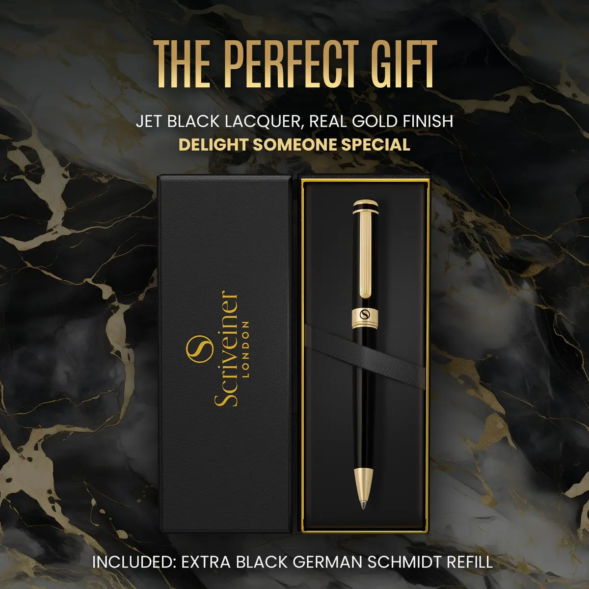 Scriveiner Black Lacquer Ballpoint Pen -Luxury Executive Brass Writing Instrument, Gold Plated, Schmidt Refill, Gift Set (1 Count, 140mm) - view 3
