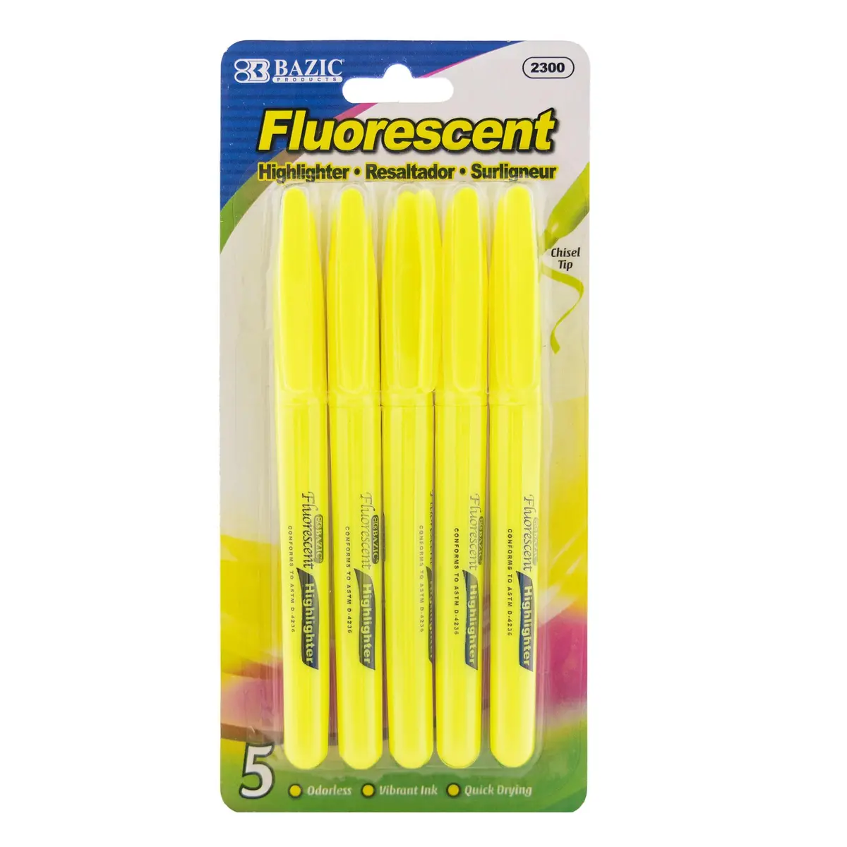 BAZIC PRODUCTS Yellow Pen Style Highlighters 5 Ct | Chisel Tip, Fluorescent Yellow, Pen-Style, Bulk Pack - main product image